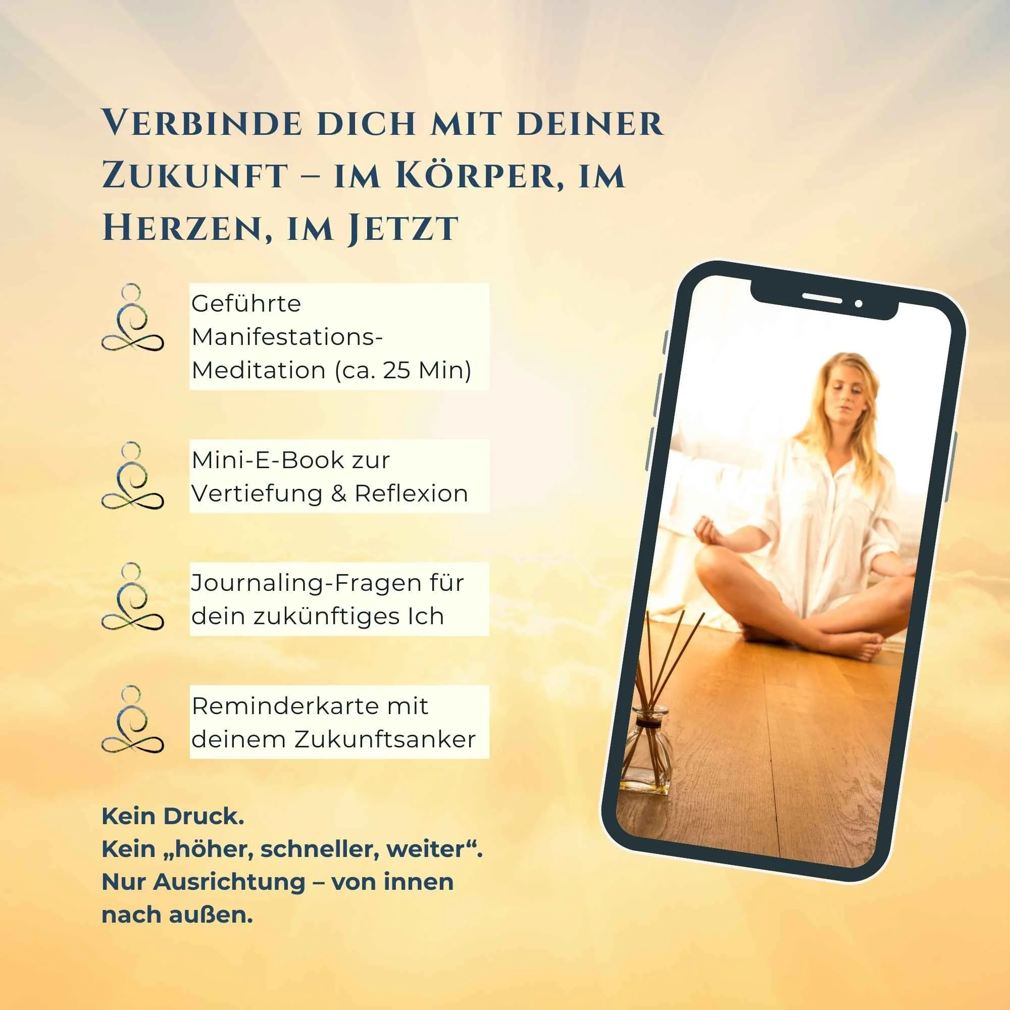 Frau die meditiert. Daneben Übersicht der Inhalte. Geführte Meditation. E-Book zur Vertiefung und Reflektion