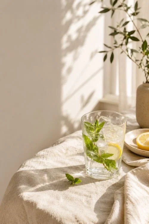 Wasserglas mit Minze und Zitrone zum kühlen um schwitzen beim schlafen zu lindern.