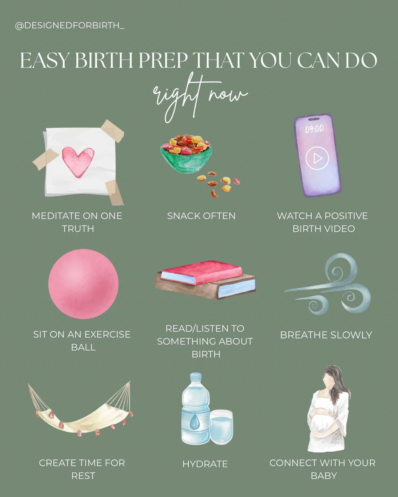 ✨Birth prep doesn&rsquo;t have to be big to make a difference. 

🌷Let a birth affirmation or Scripture settle in your heart. Write it down and put it up where you&rsquo;ll see it most. 
🌷Fuel your body consistently.  Frequent snacks keep blood suga