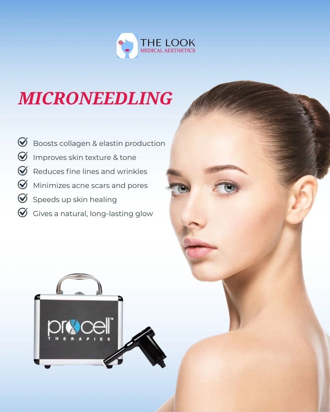 Advertisement for microneedling treatment by The Look Medical Aesthetics, featuring a woman's face, a microneedling device, and a medical case with the Procell Therapies logo.