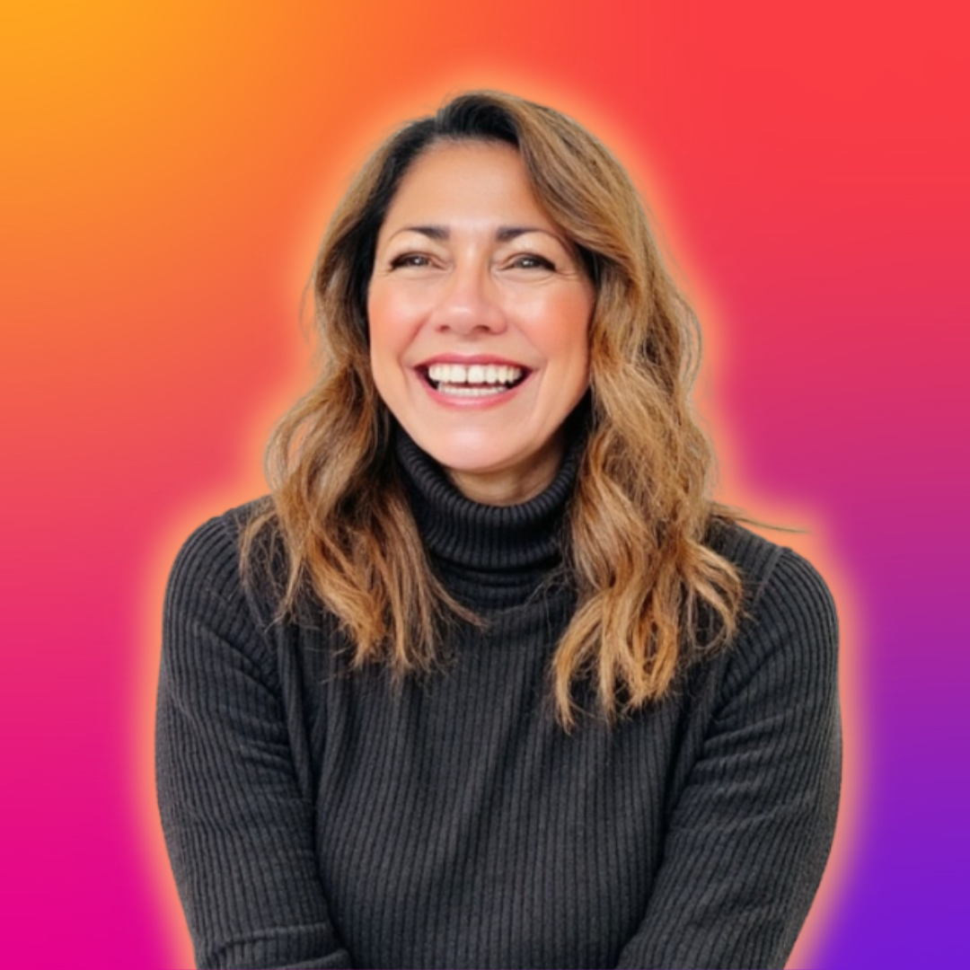 A smiling woman with wavy brown hair wearing a black turtleneck against a colorful gradient background.