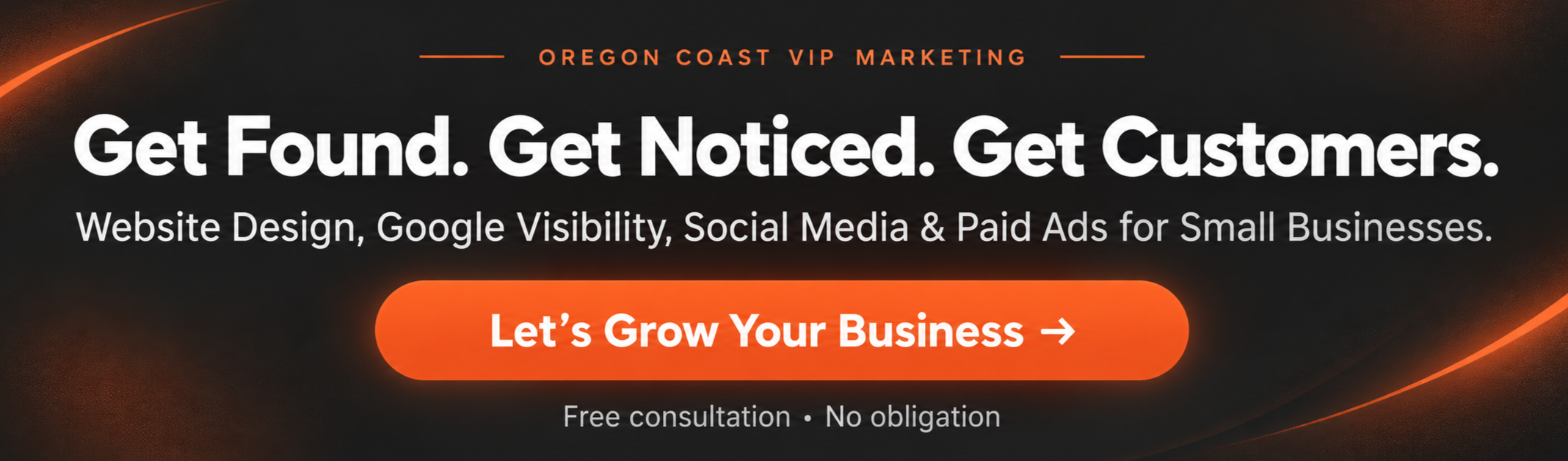 Digital marketing advertisement for Oregon Coast VIP Marketing with the headline 'Get Found. Get Noticed. Get Customers.' includes a call-to-action button labeled 'Let's Grow Your Business' on an orange gradient background with dark tones.