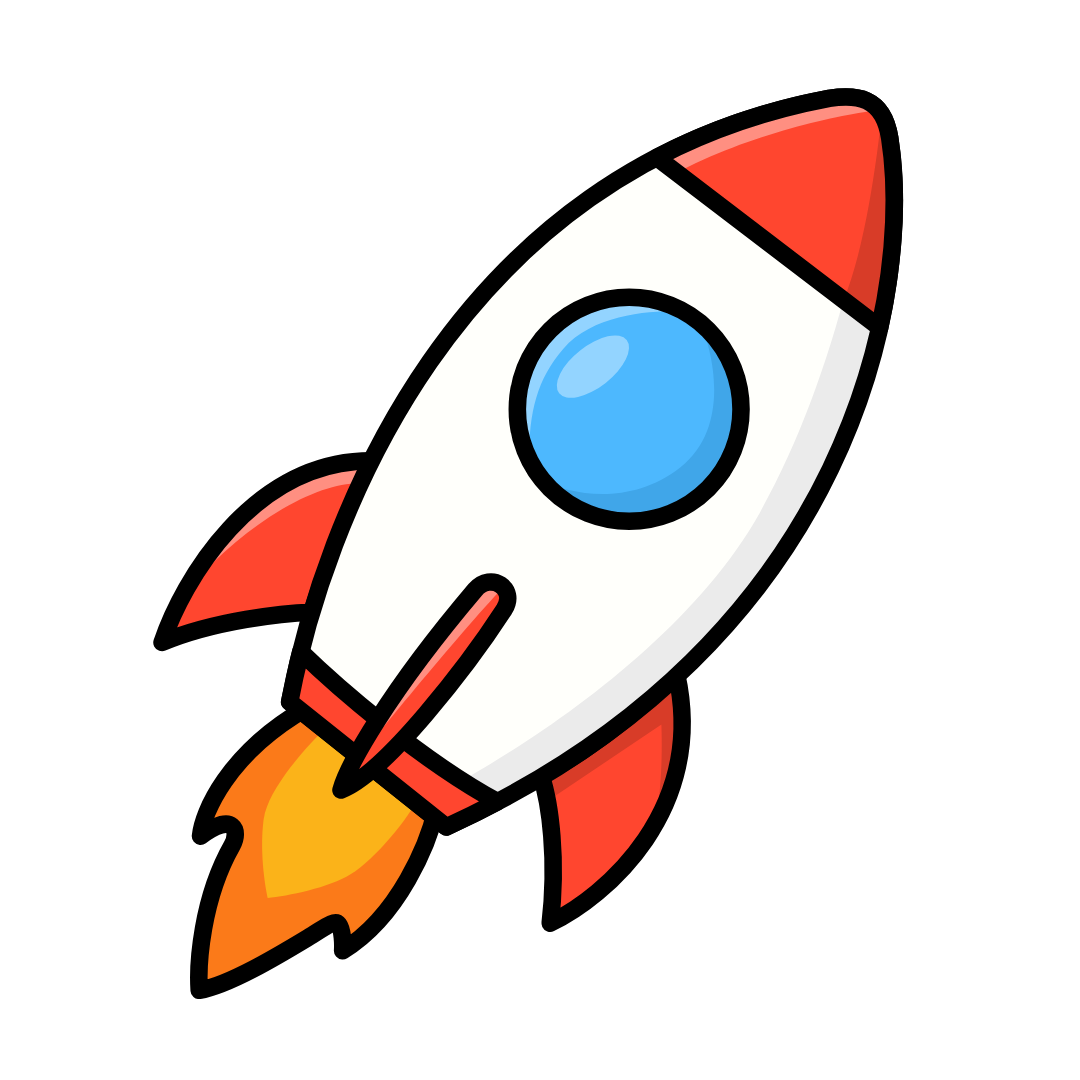 Cartoon style rocket ship with red fins, a white body, a large blue window, and flames at the bottom against a black background.