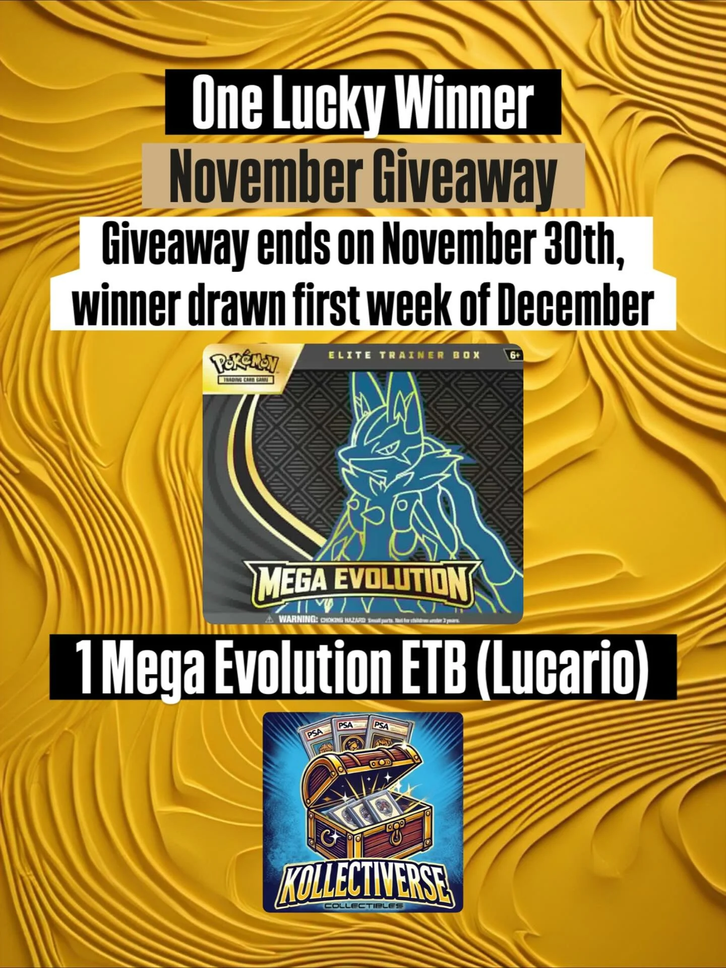 🎁🔥 November Giveaway &ndash; Mega Evolution Elite Trainer Box (Lucario) 🔥🎁

We&rsquo;re giving away a Mega Evolution Lucario Elite Trainer Box 🎉🔥 to one lucky winner! 🍀

Here&rsquo;s how to enter ⬇️

Free Entries (no purchase needed):
1️⃣ Foll