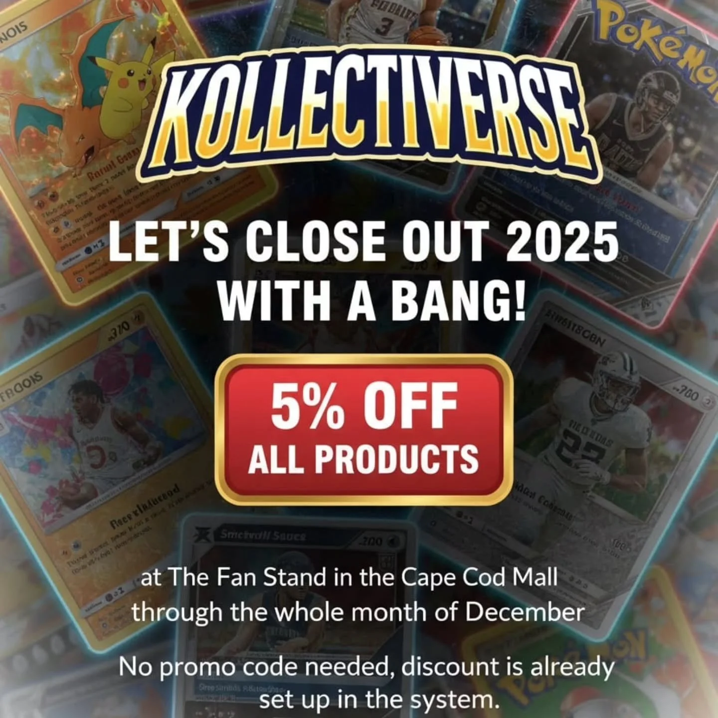 End the Year Strong, Collectors! 🎉
Your next favorite pull is just a tap away &mdash; grab cards, packs, and mystery hits straight from The Fan Stand vending machine at Cape Cod Mall! 🃏✨
All December long &mdash; get an extra 5% OFF automatically. 