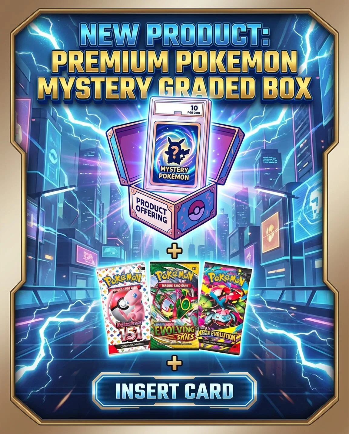 🔥 NEW DROP: Premium Mystery Graded Box 🔥

Each box includes:
✨ 1 Graded Pok&eacute;mon Card &mdash; Guaranteed 10 grade
📦 3 Booster Packs:
&bull; Pok&eacute;mon 151
&bull; Evolving Skies
&bull; Mega Evolution
🎴 1 Special Insert Card

Chase the sl
