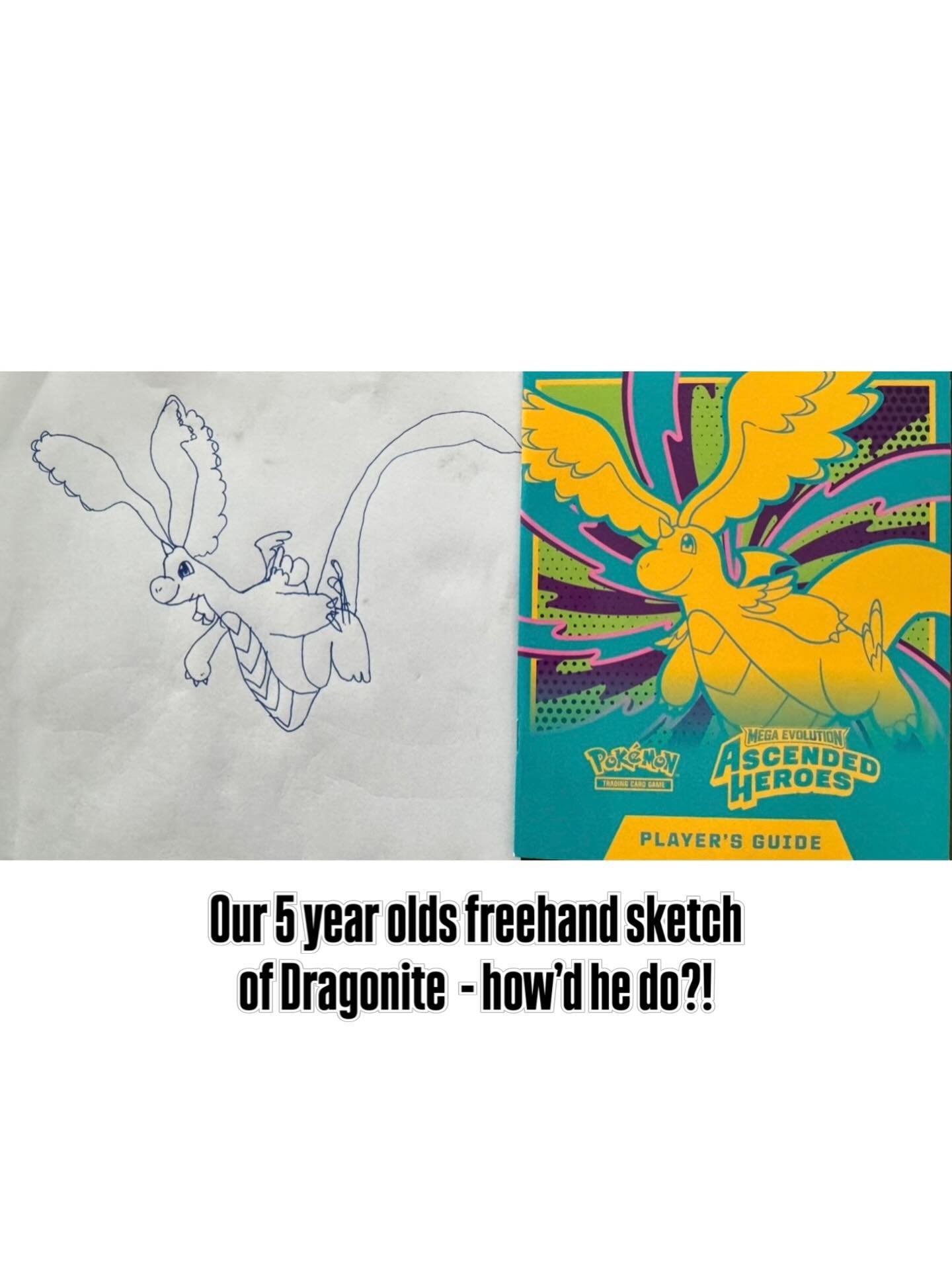 Our 5 year did a freehand sketch of Dragonite, give him a rating + drop your scores below 👇 (0-5) #pokemon #drawing #ascendedheroes #dragonite