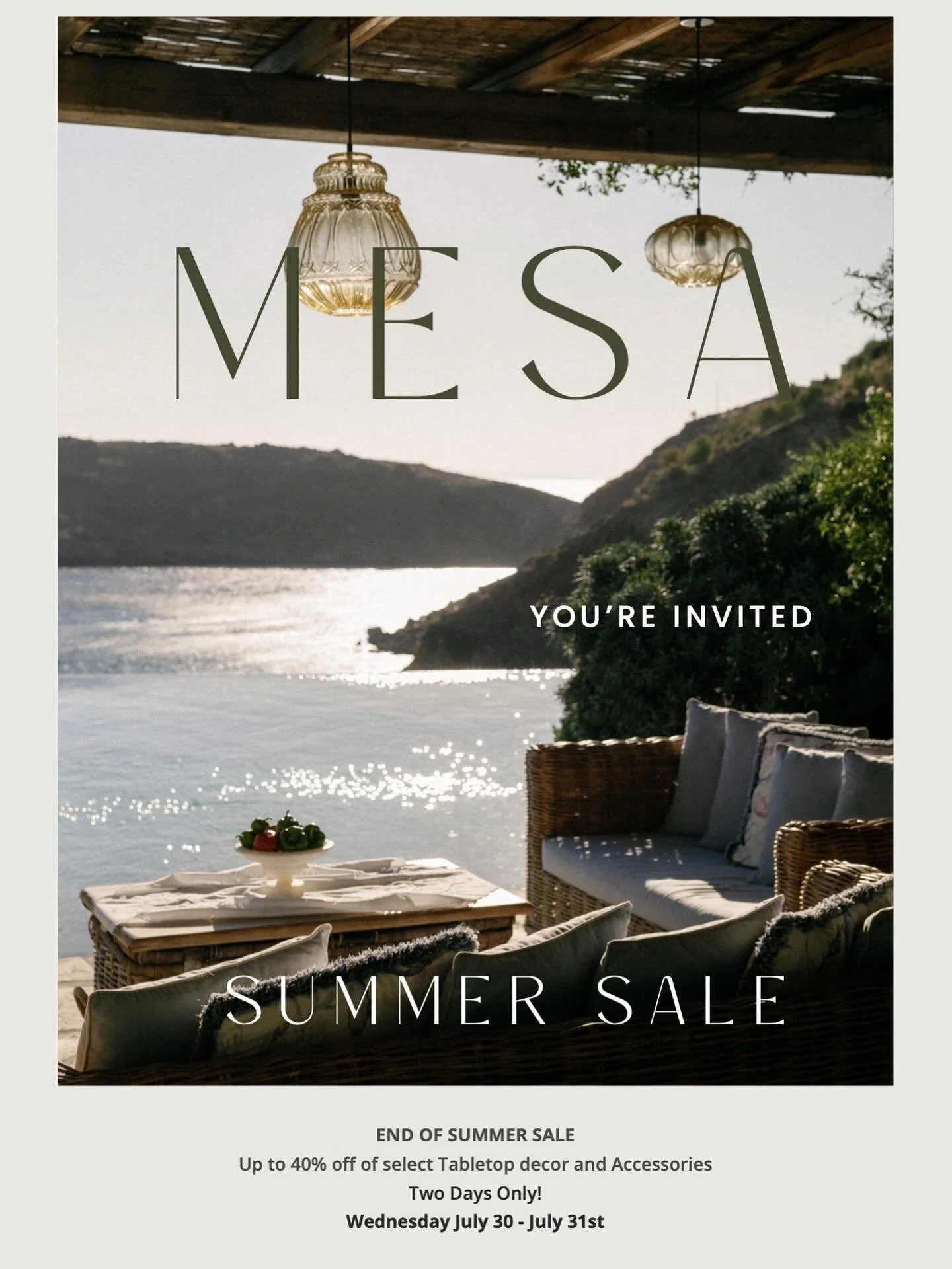 Exciting News!! ✨

For two days only we will be having a summer sale on select Tabletop decor and Accessories - Enjoy up to 40% off! 

Come visit next Wednesday July 30th through July 31st and see what incredible items you can snag a deal on! (Photo 