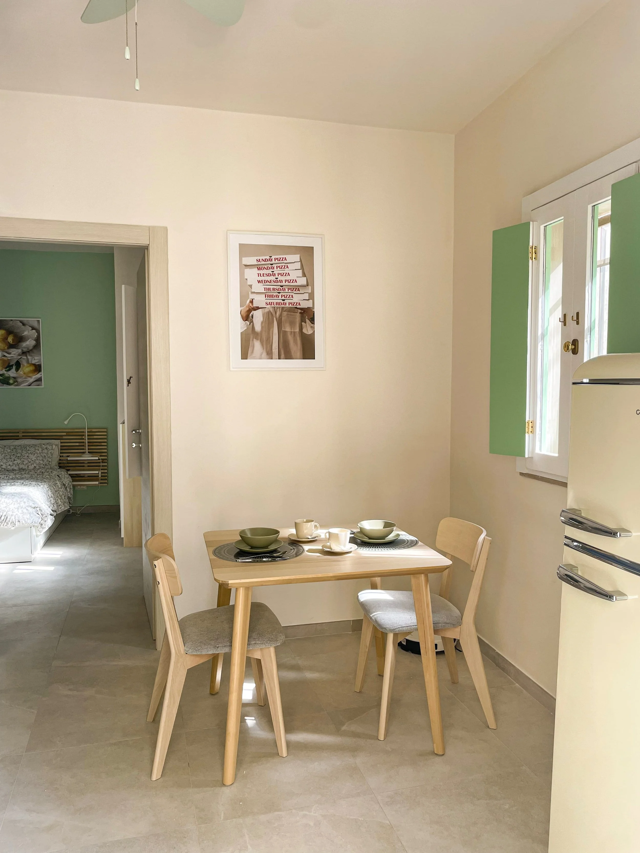 Kitchen table and fridge 