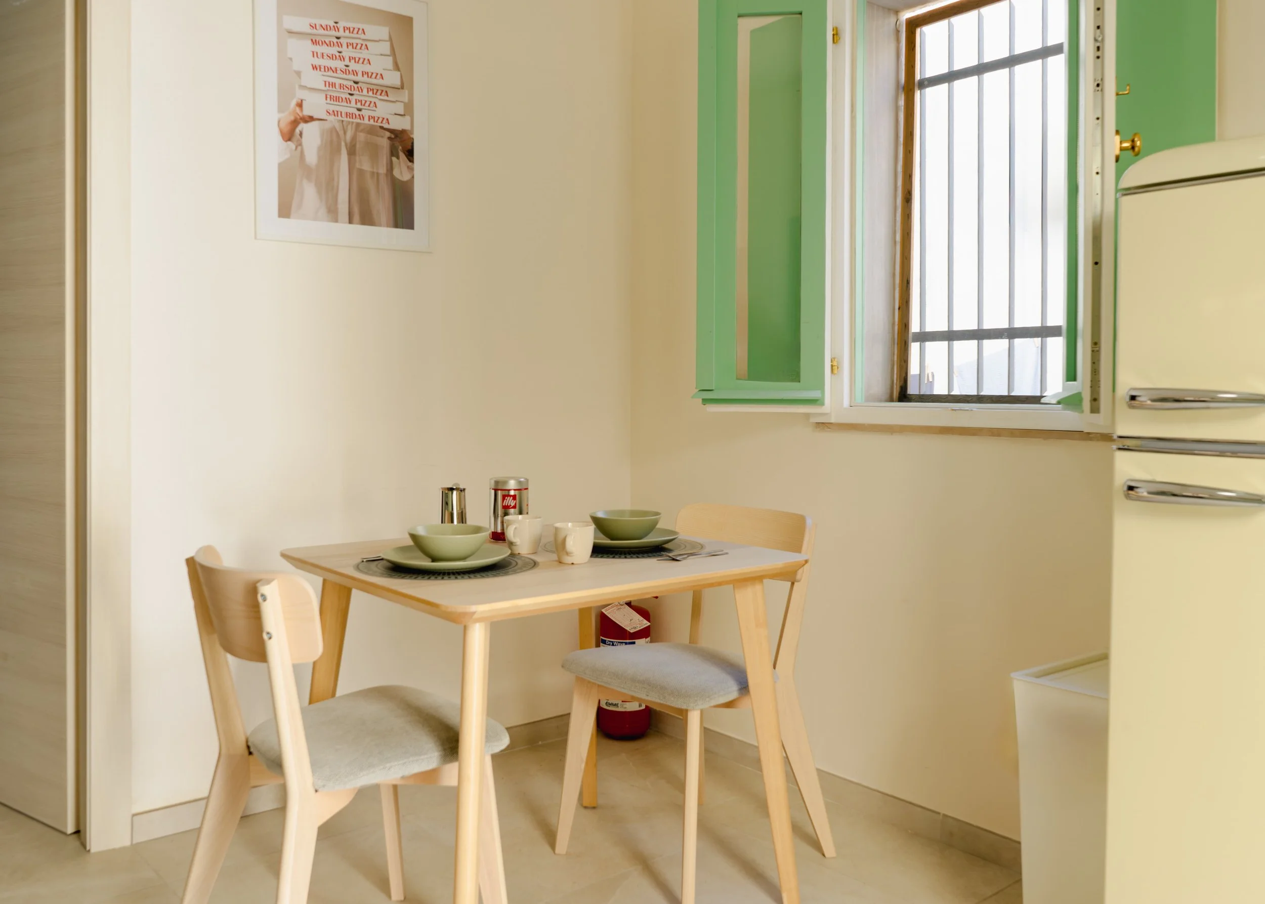 Kitchen table and fridge