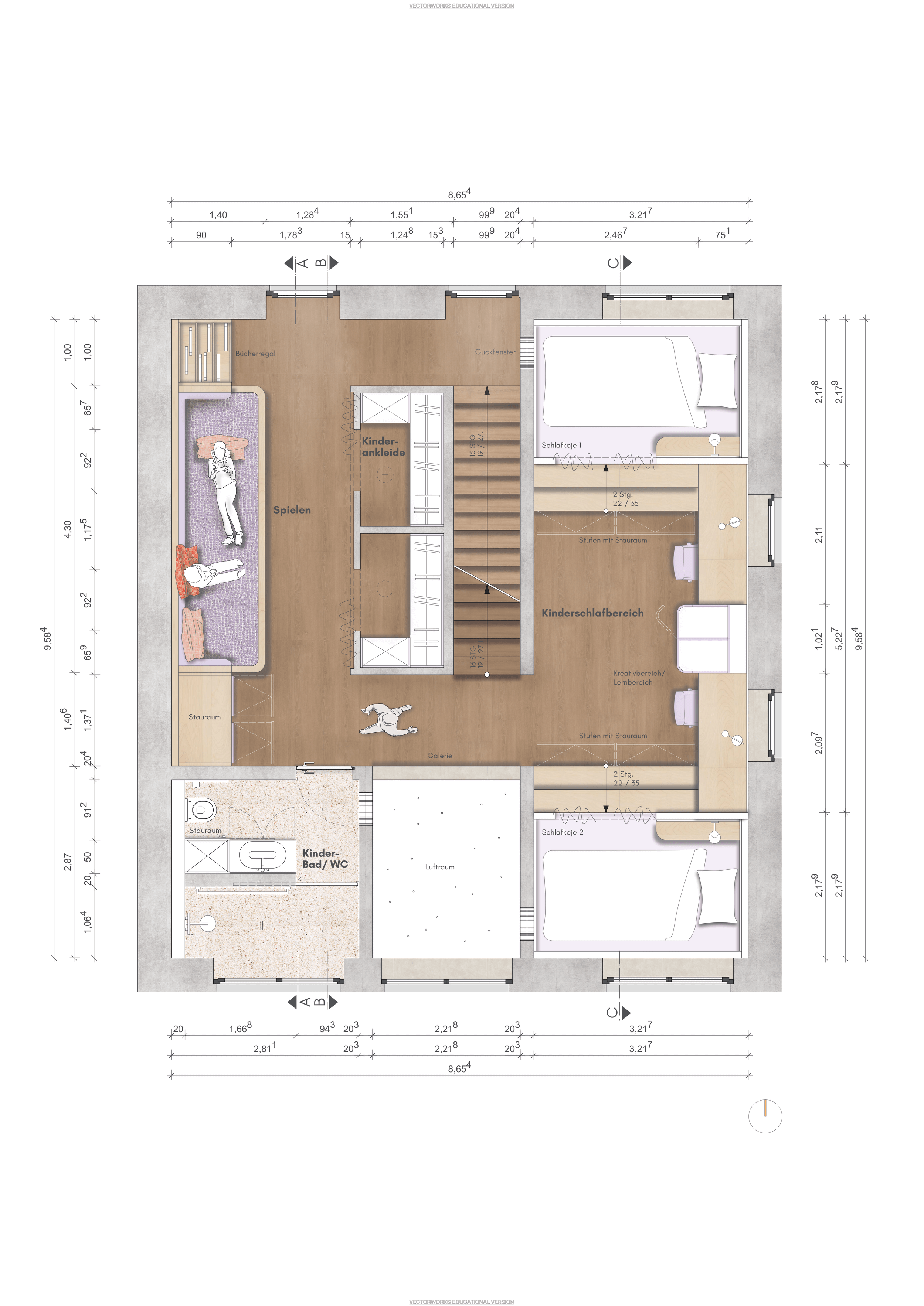 Grundriss eines Kinderzimmer mit Spielbereich, Schlafbereich, Kinderbad, und Stauraum.