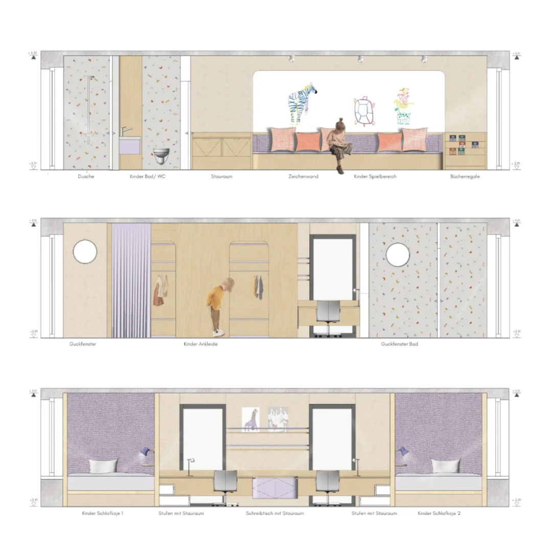 Entwurfszeichnung eines Kinder- und Jugendzimmers mit verschiedenen Bereichen, darunter ein Bad mit Dusche, ein Spielbereich, Leseecken, Schlafbereiche und Stauraum, alles in einem hellen, kindgerechten Design.