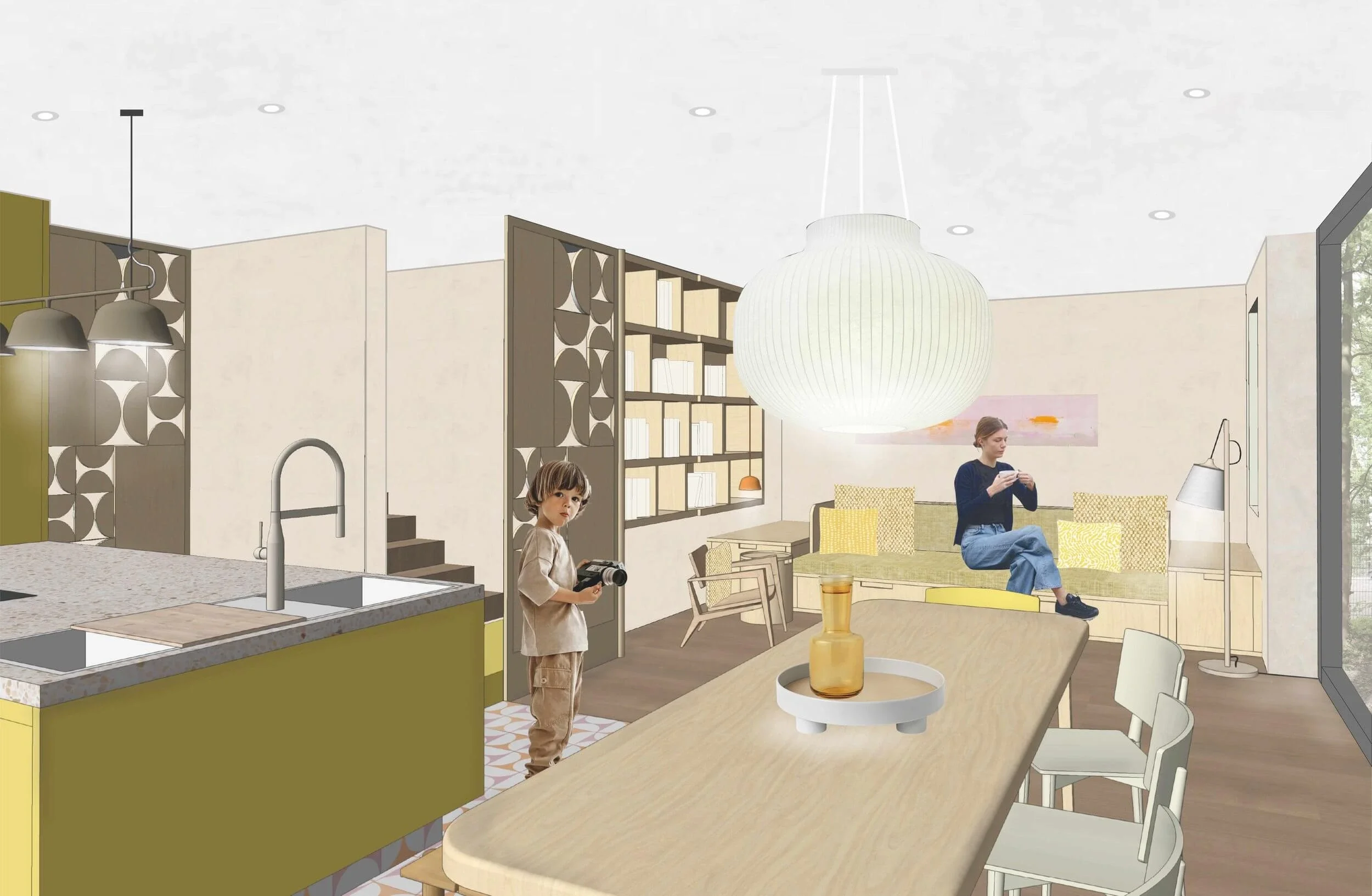 Modernes Wohnzimmer mit offenen Küchenbereich, in dem eine Frau auf einem Sofa sitzt und ein Kind mit Kamera steht, große Fenster und dekorative Lampen.