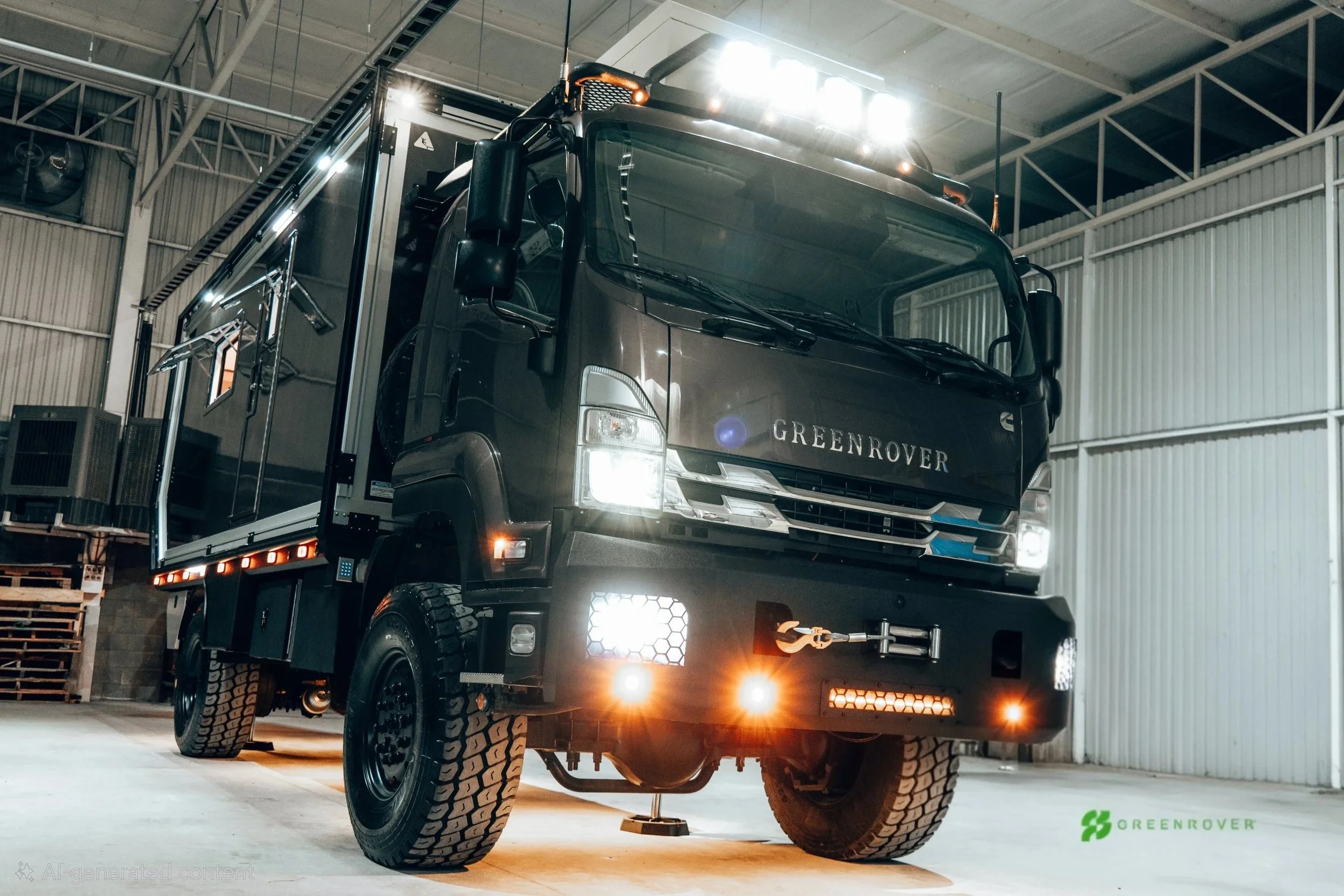 Black GreenRover truck inside a warehouse with bright lights, exposed metal beams, and industrial equipment in the background.
