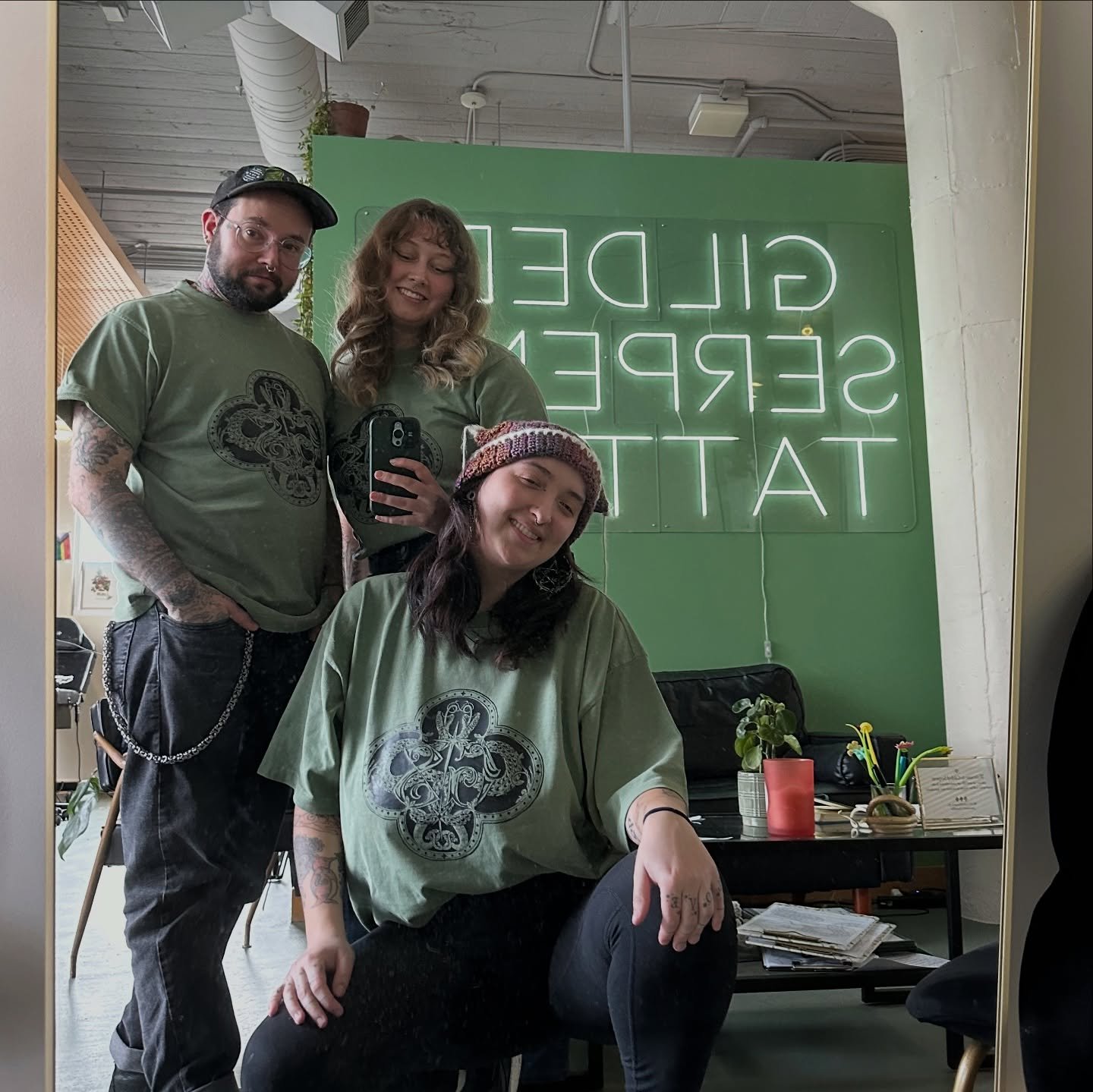 We&rsquo;re matching up in the studio today! Trying out the new Gilded Serpent Tee shirts. Keep an eye out for when we start selling them! These shirts are prototypes so we&rsquo;ve got the whole staff checking for durability and comfort. 🐍💚💛🌟