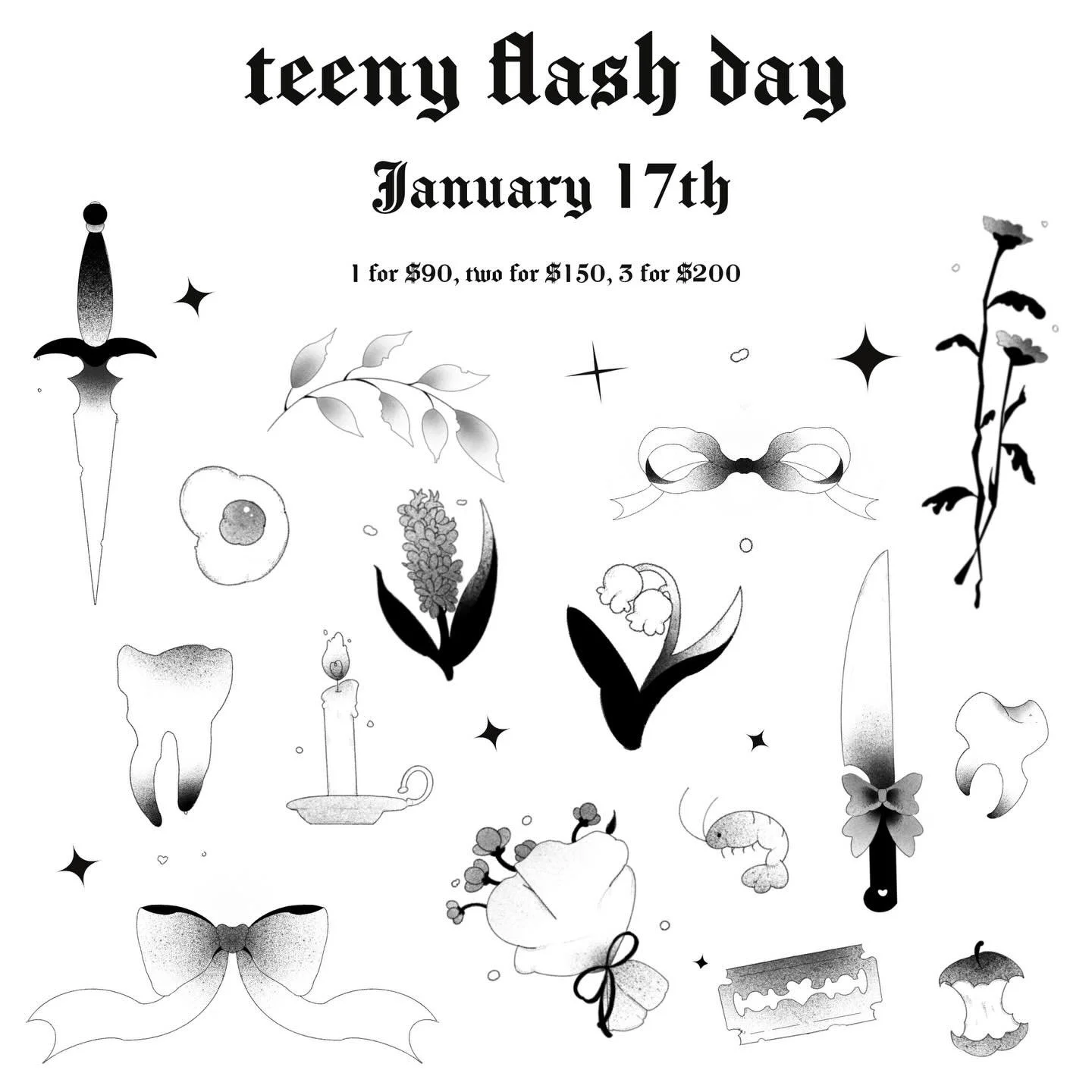 teeny - tiny flash day! for the folks who deserve a ✨new tat ✨ but don&rsquo;t have the funds for a big project! 

maximum size of 2 inches, arms and legs only. booking in bio 🖤🖤