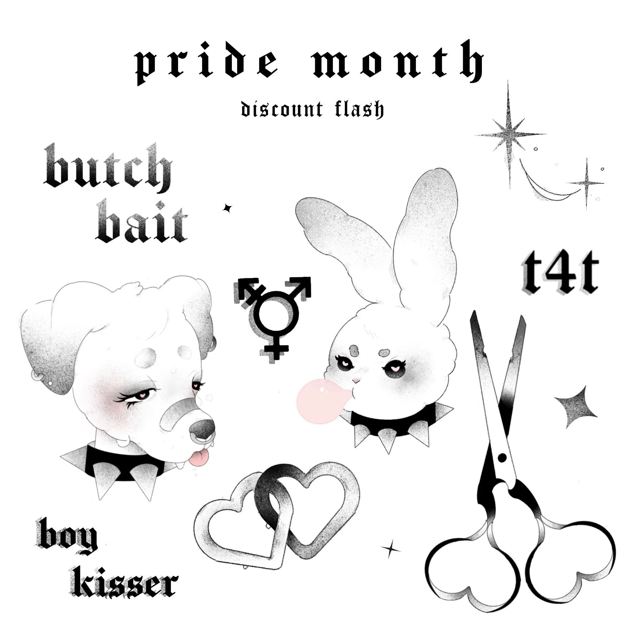 heyyyy homos 💅🏻

extending my discount flash designs throughout the month of june :3 

all featured design prices apply to future appointments, as long as the initial booking is made within the month of june. 

love u and happy pride 🩵🌸

#tattoo 