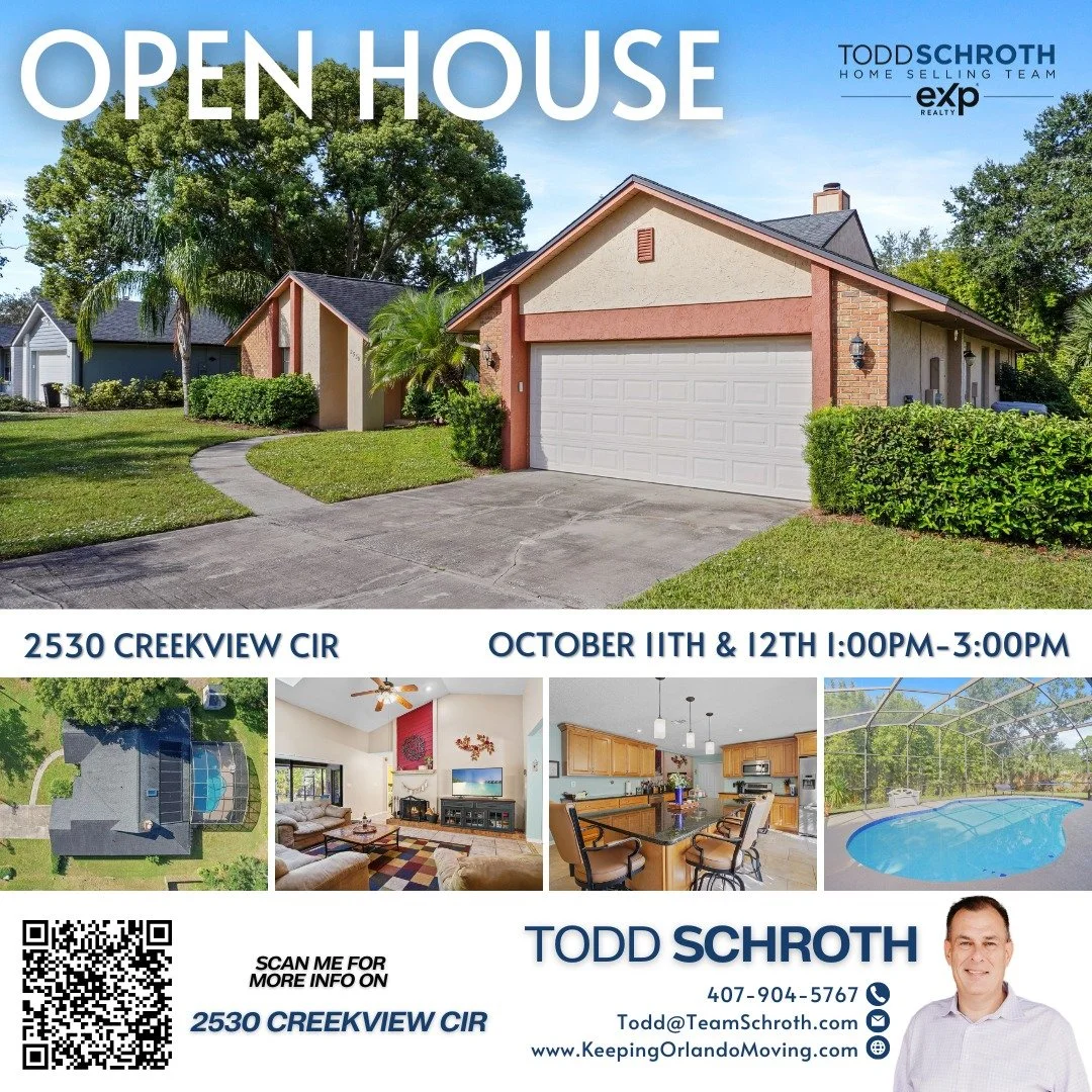 🏡 Open House This Weekend! ✨

📍 2530 Creekview Circle, Oviedo, FL
📅 Saturday, Oct. 11 | 1&ndash;3 PM
📅 Sunday, Oct. 12 | 1&ndash;3 PM
🎙️ Hosted by Todd Schroth

Don&rsquo;t miss your chance to tour this beautifully upgraded 4-bedroom, 2.5-bath p