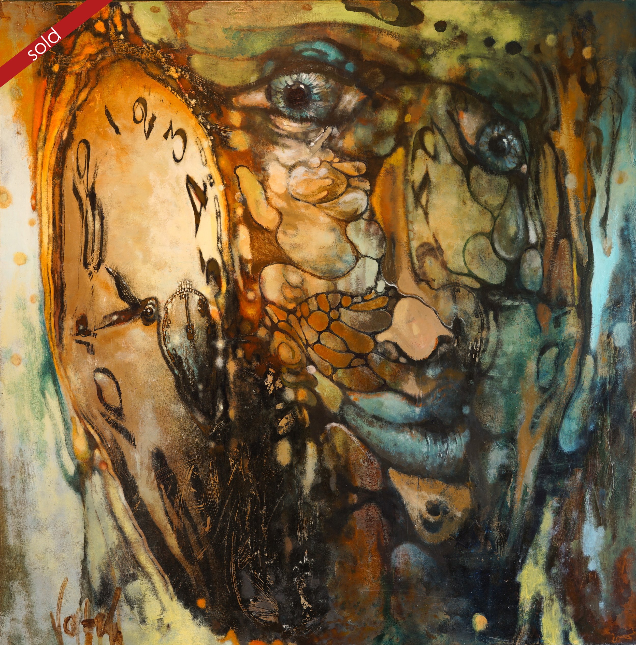 "masks of everyday" acrylic/oil on canvas 48"x48" 🔴