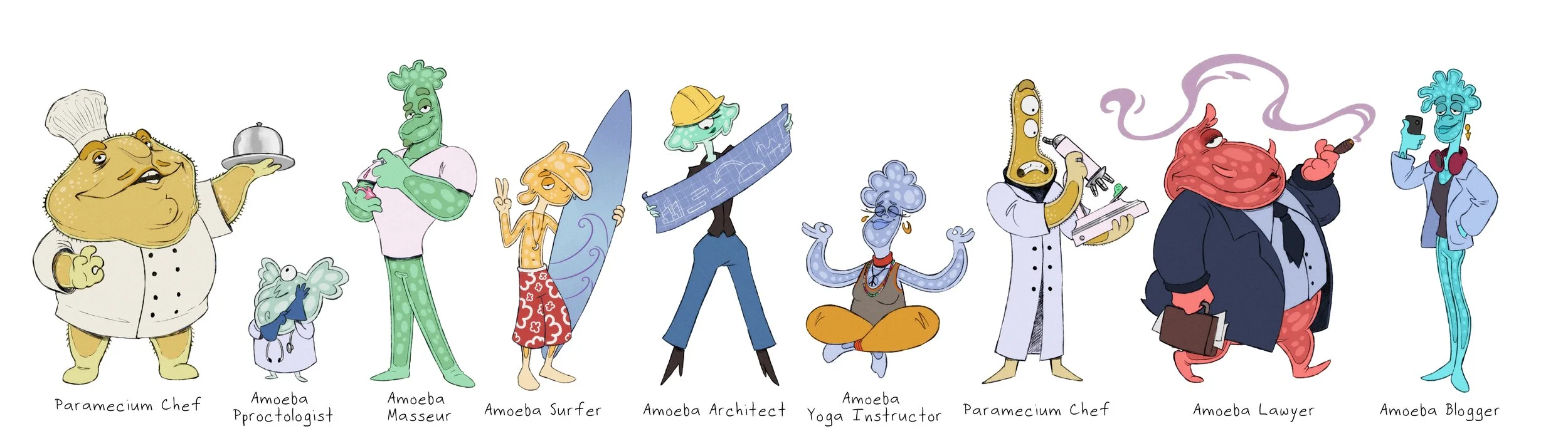 Amoebas – The story focuses on themes of marital strain, particularly highlighting a wife’s growing frustration with her husband. Each family member is crafted with exaggerated features and vibrant palettes to reflect their distinct personalities and