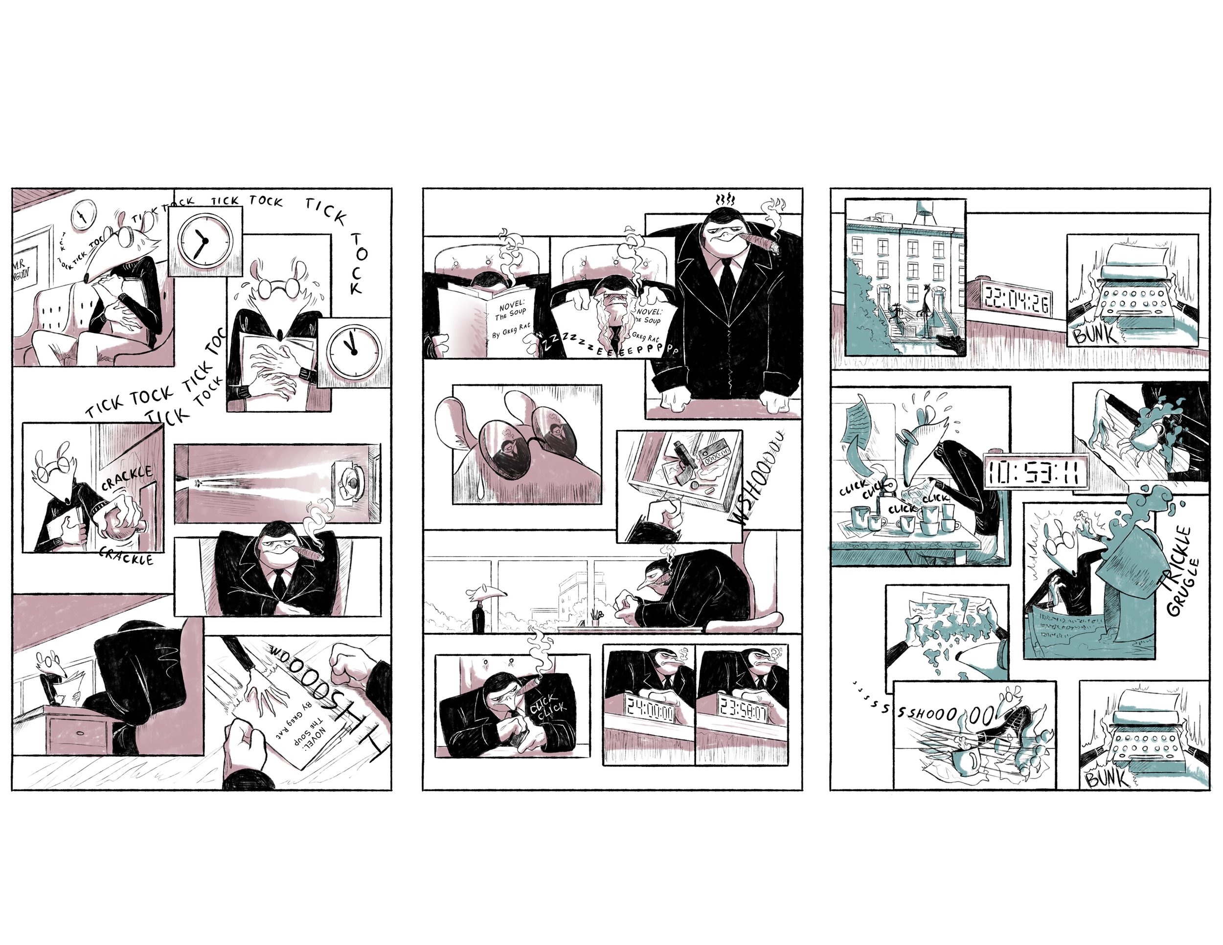 Title: No Time for a Rat (pages 1 – 3 out of 6)
Medium: Digital Ink Illustration, Photoshop
This dark humor comic introduces Greg Rat, a cartoony struggling writer working under the cruel and sadistic Mr. Penguin, the literature director at Turtle P
