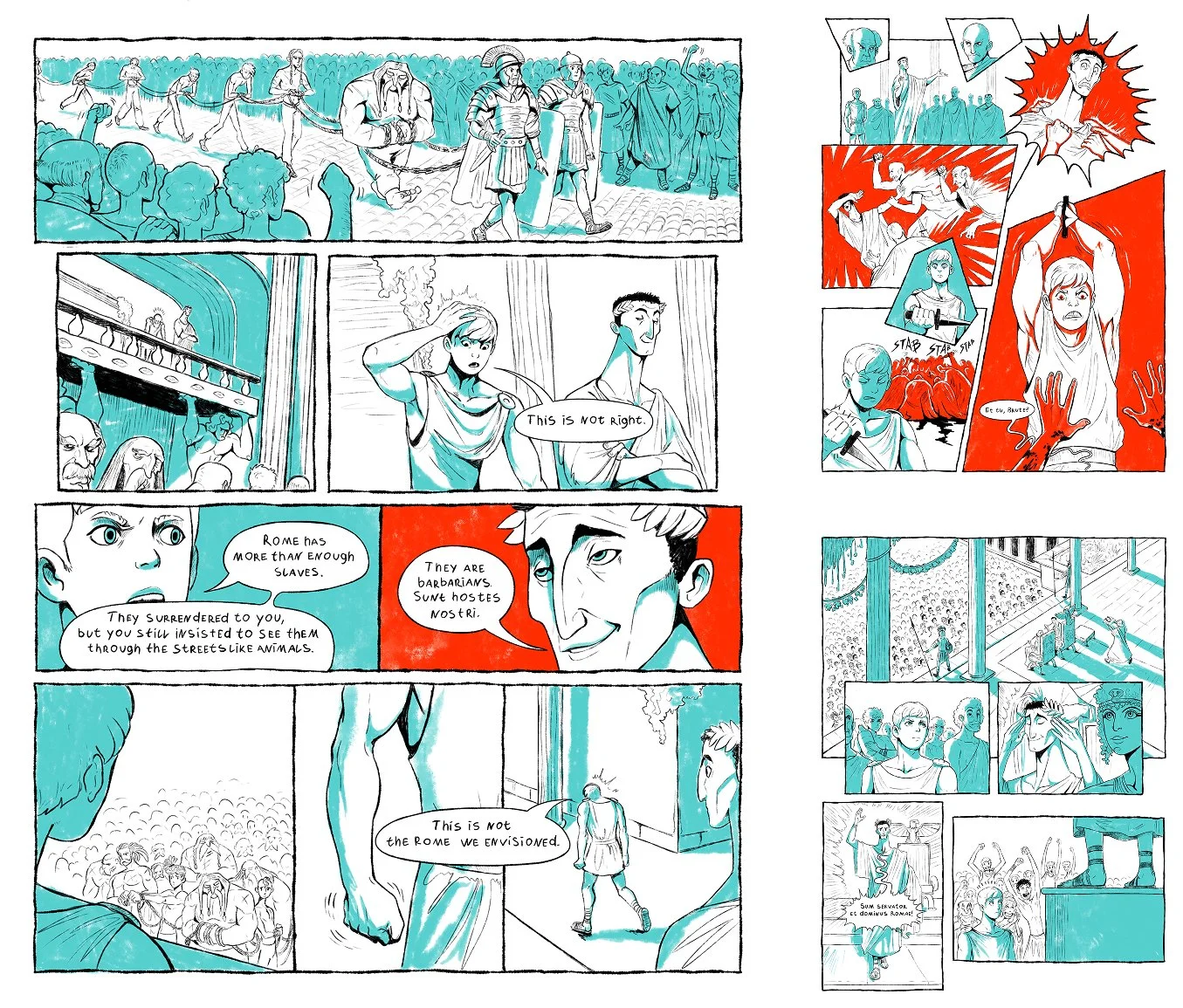 Brutus and Caesar – This stylized comic tells the story of Brutus and his fateful decision to betray Julius Caesar, depicted through dynamic comic panels. The artwork is designed using only two spot colors–turquoise and red–to create a striking visua