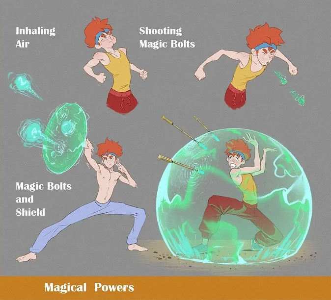 The Tales of Oominor: Newro – This illustration features Newro, the protagonist of The Tales of Oominor, in various dynamic poses and expressions. It includes a detailed turnaround of the character, showcasing his design from multiple angles, alongsi