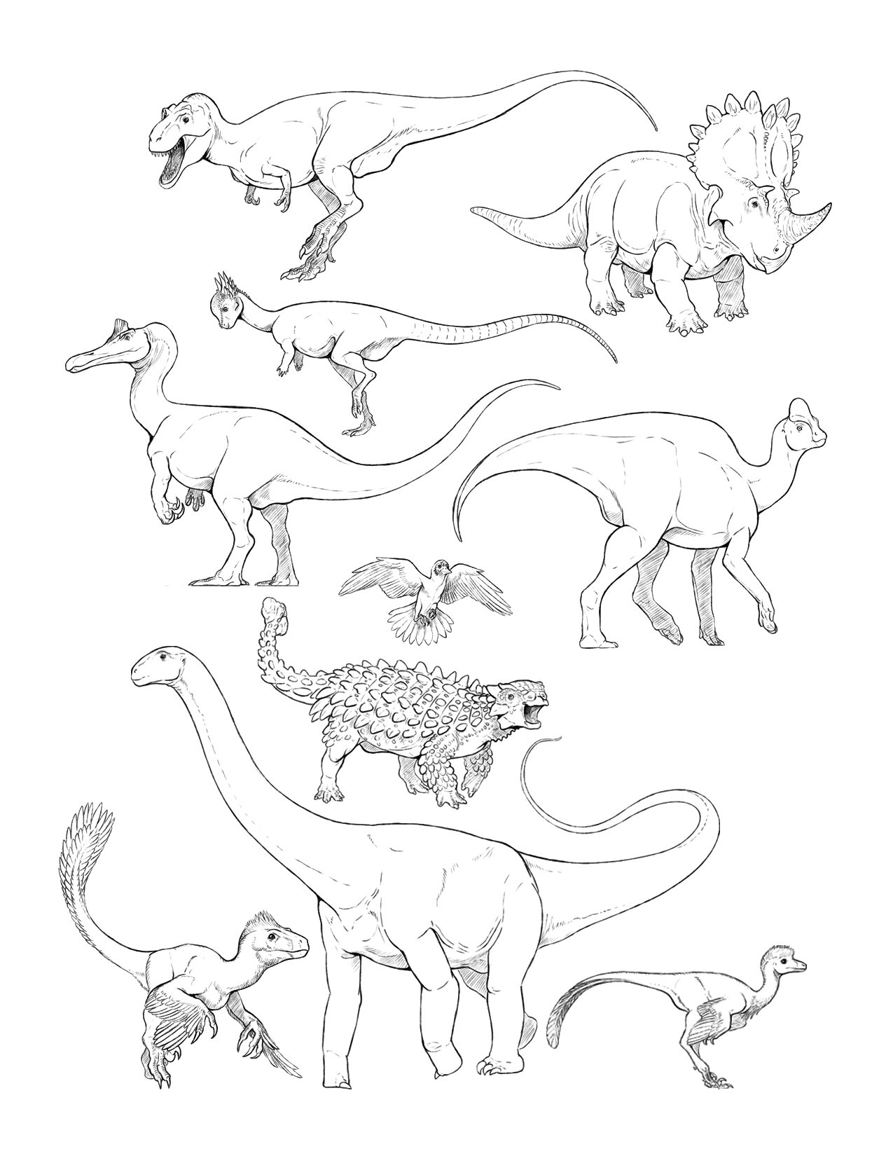 Title: Dinosaurs of Mesozoic
Medium: Digital Ink Illustration, Photoshop
This digital ink illustration showcases ten lesser-known dinosaur species from the Mesozoic era, each sketched with attention to anatomical accuracy and unique features. The art