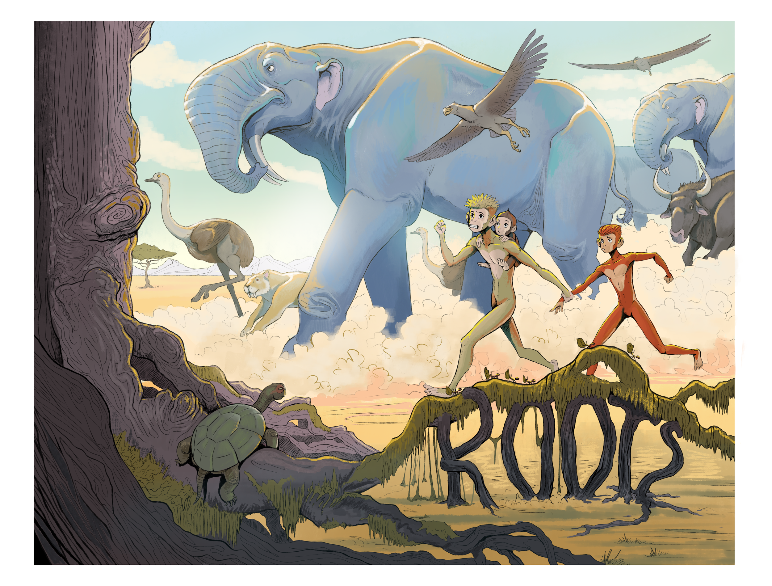 Title: Australopithecus Character Art, Comic concept, Cover
Medium: Traditional Pencil and Digital Illustration, Photoshop
This cover illustration for the Australopithecus comic concept features Lucy and her brothers amidst a variety of prehistoric