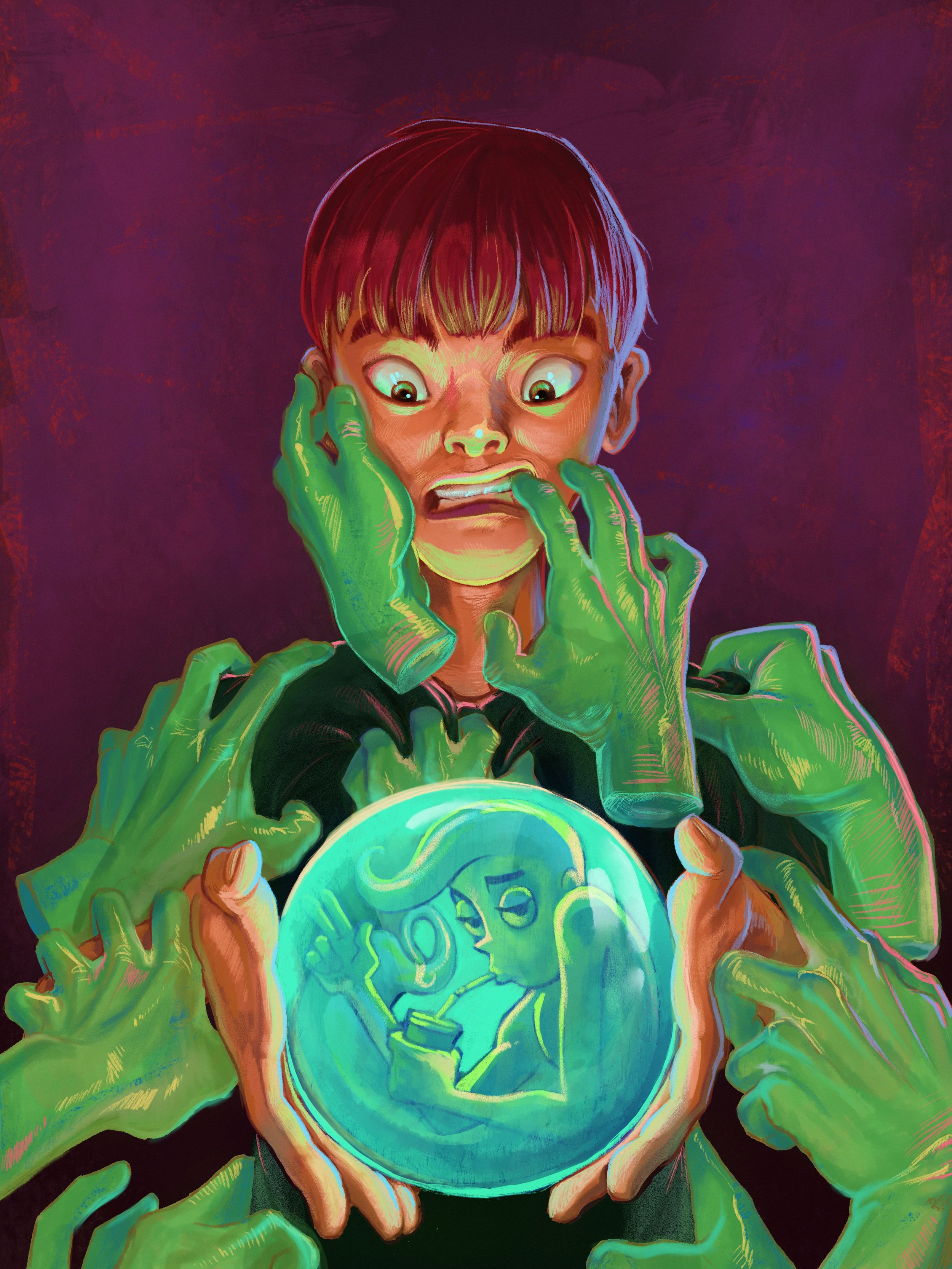 Title: The Ghost
Medium: Digital Illustration, Photoshop
The illustration showcases a vibrant, emotionally charged scene with a red-haired character, wide-eyed and visibly anxious, is encircled by eerie, green hands that reach toward them. The cente