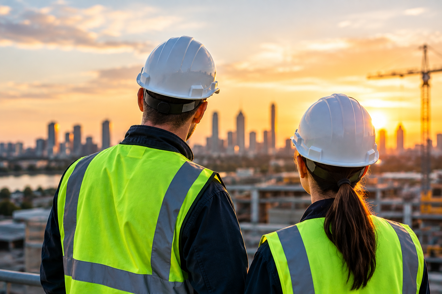Two construction workers wearing white safety helmets and yellow safety vests look at a city skyline during sunset, with cranes visible in the background.