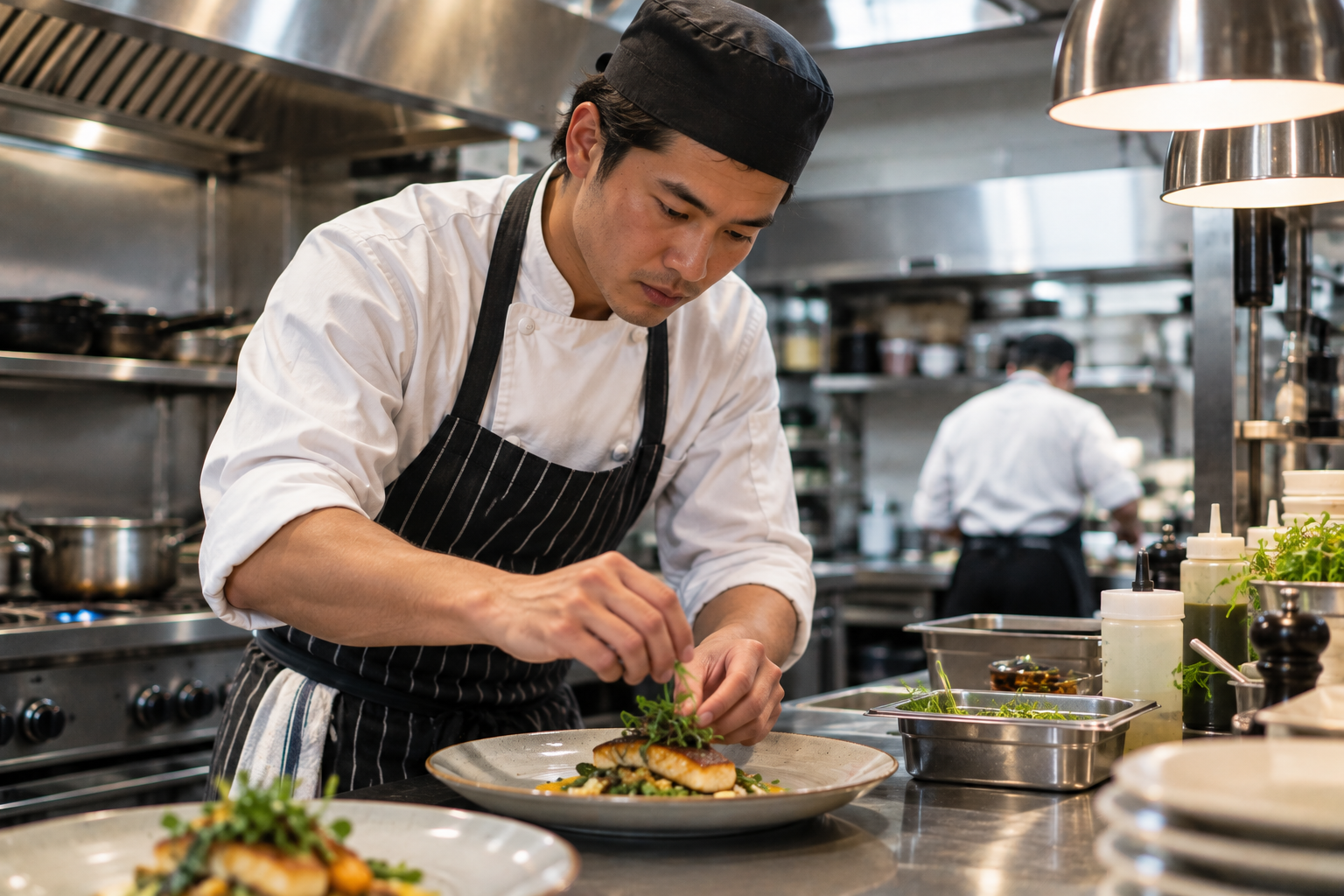 Chef garnishing a plated dish with herbs in a professional kitchen.