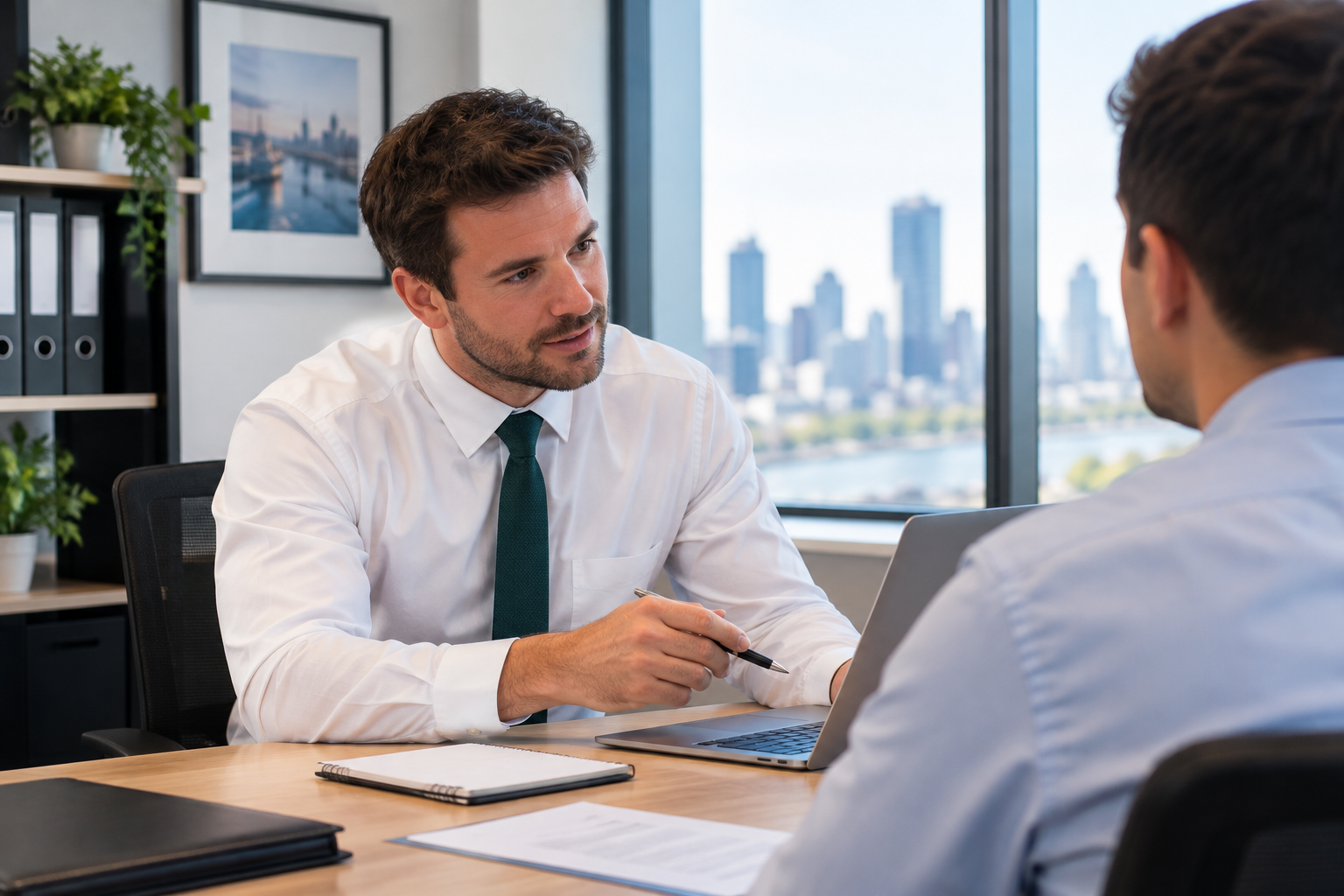 Two men having a business discussion in an office with a cityscape view through the window.