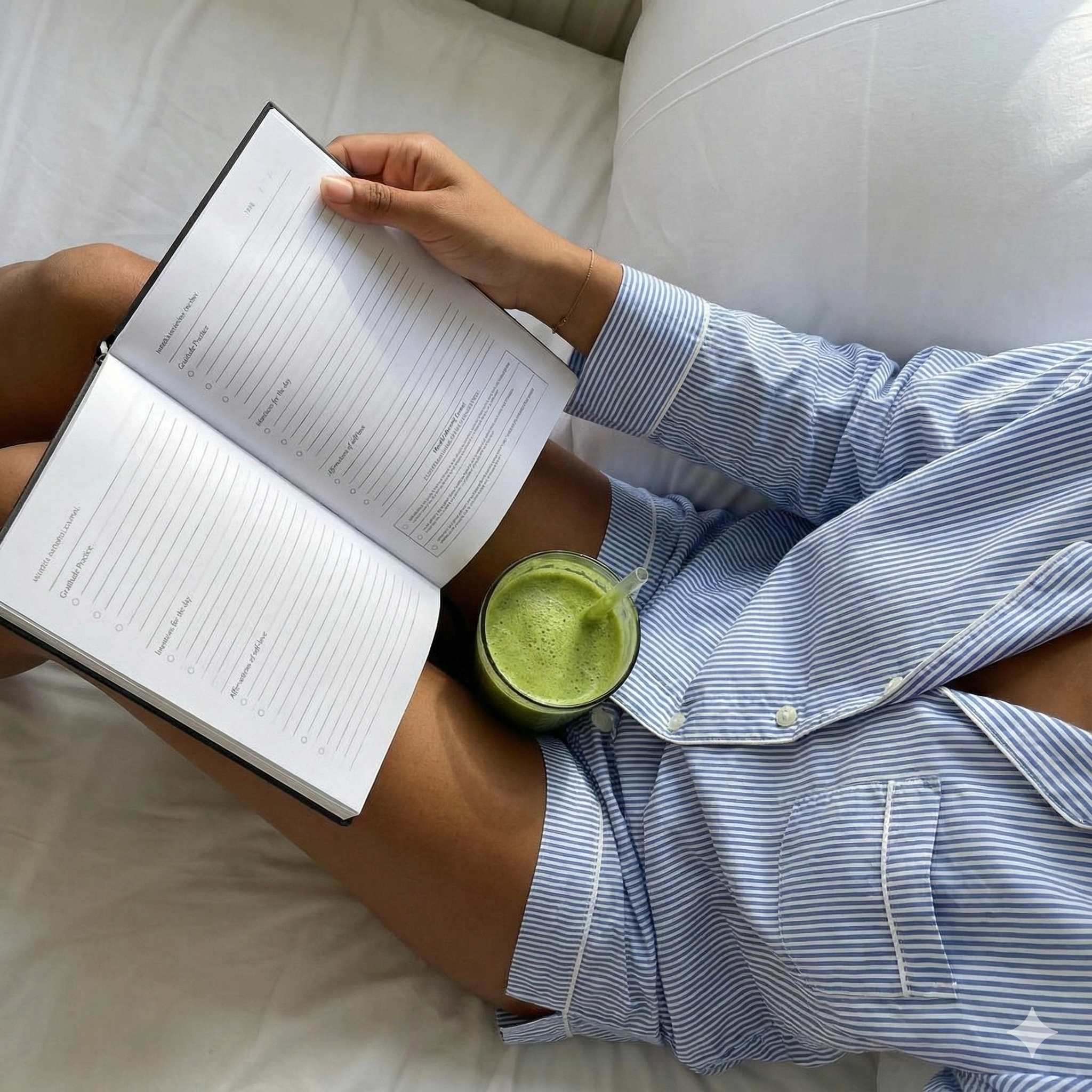 holding the mindful morning journal with matcha in lap