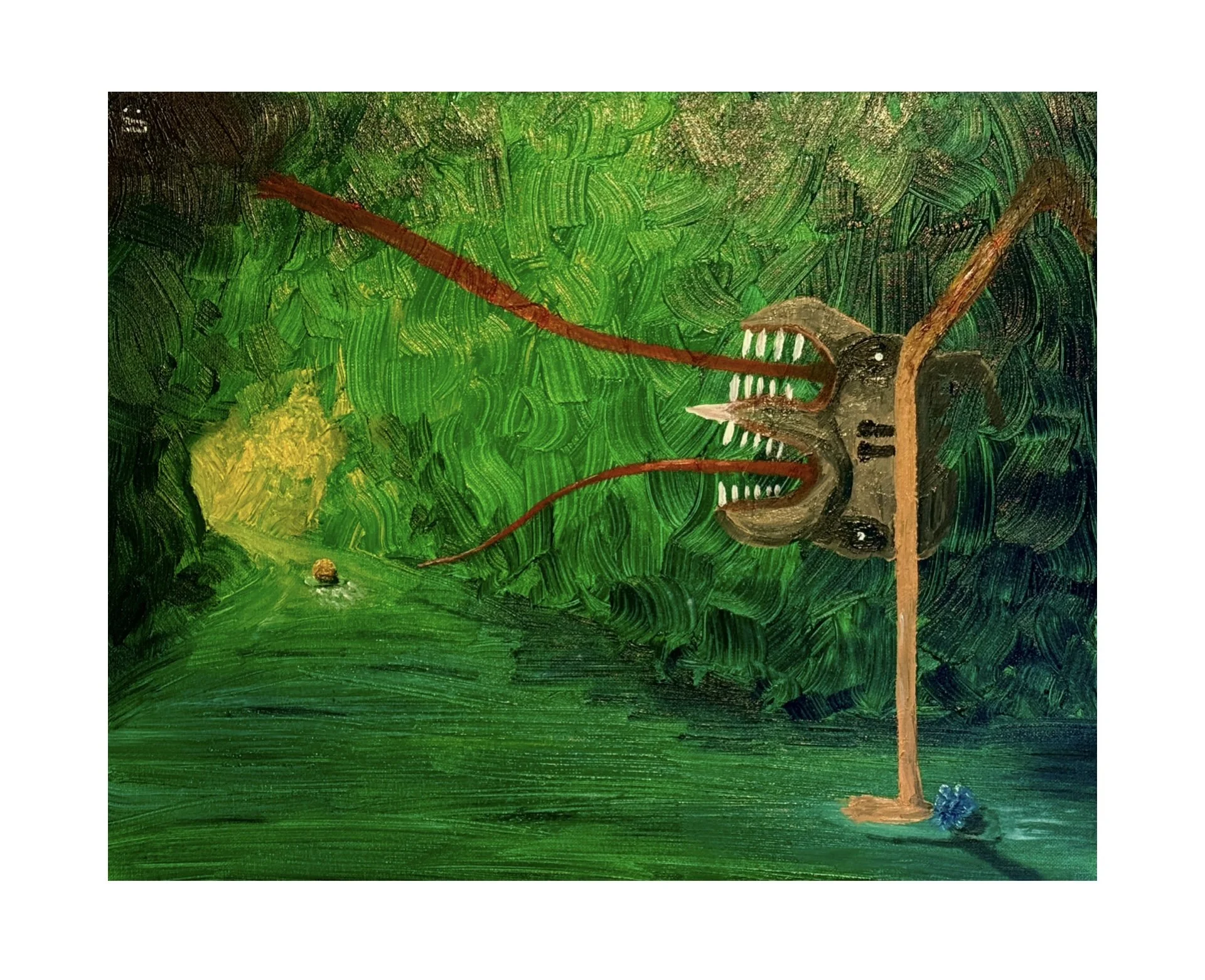 The Früg with a Gangrenous Leg Chases the Golden Orb down the River
20" x 16" (2025)