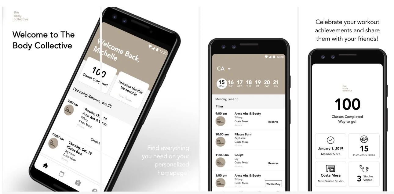 Screenshots of a fitness app on a smartphone showing workout classes, schedule, and achievement tracking. Download our app and get streamlined scheduling and create fitness goals for yourself. You can even chain from the parking lot