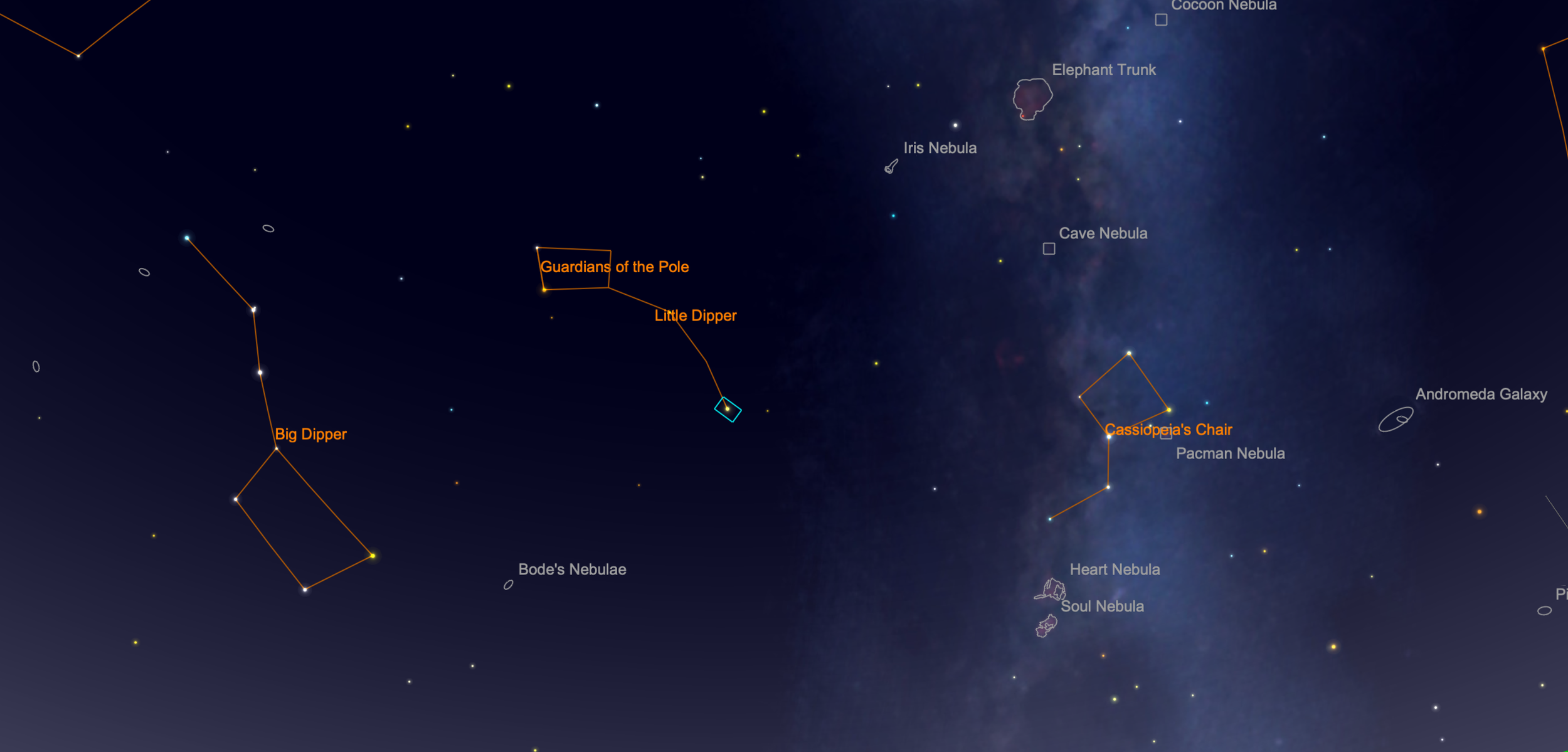 SkySafari star chart showing how to find Andromeda from the Big Dipper, Polaris and Cassiopeia