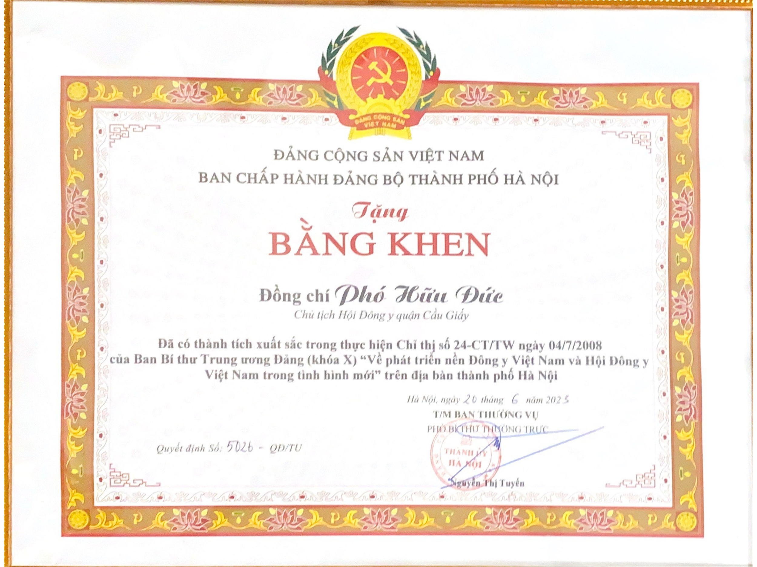 Bằng Khen Ban Chấp Hành Đảng Bộ Thành Phố Hà Nội