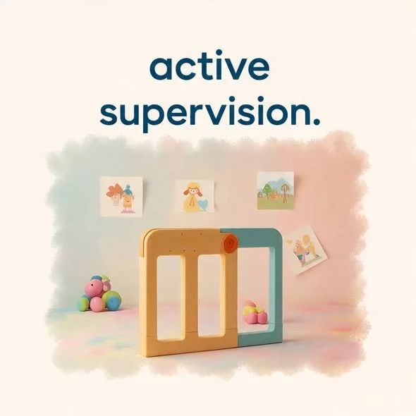 Colorful wooden toy with two rectangular frames, one yellow and one teal, standing on a pastel-colored surface with plush toys and children's drawings on the wall behind it, with the words 'active supervision.' written at the top.