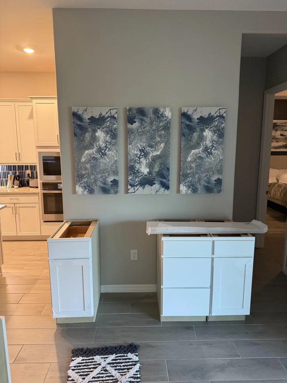 Base cabinets set for a new home bar