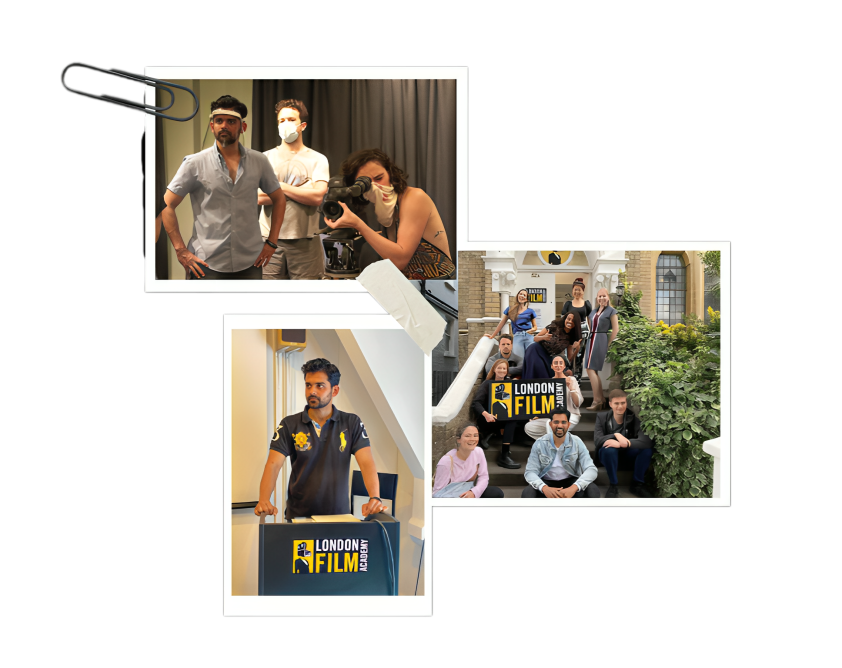 A collage of three photos from the London Film Academy. The top left photo shows three people in masks, one holding a camera. The bottom left photo features a man standing behind a podium with a London Film Academy sign. The photo on the right depicts ten people sitting and standing on steps outside a building, holding a London Film Academy sign, smiling and posing for the camera.