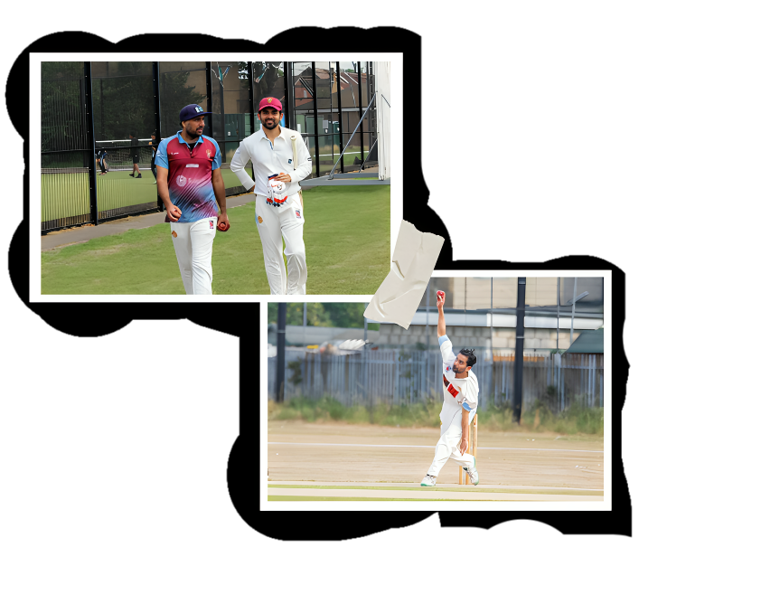 Cricket players, one walking with batting gear, and another celebrating on the field.