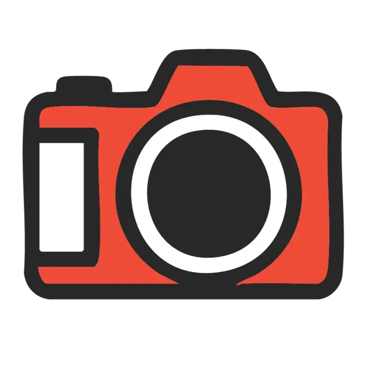 Illustration of a red camera with a large black lens and a white accent on the left side.