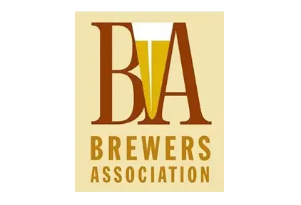 Logo for the Brewers Association featuring large stylized letters B and A with a yellow beer glass shape in between and the organization name below.