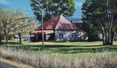 Old farm in shadows - 800x470mm - oil on board