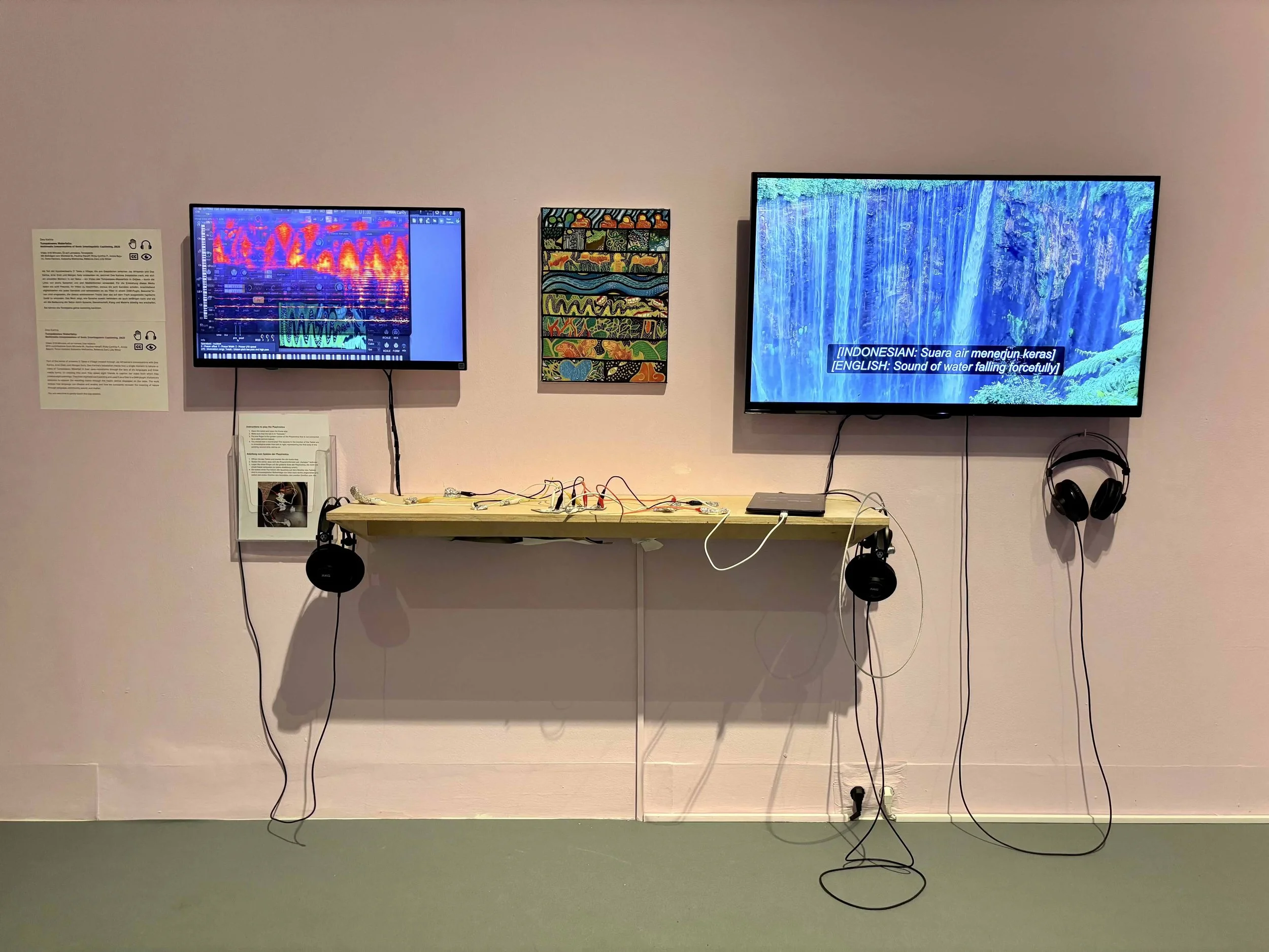 Dea’s installation of two videos, media players, a painting, and clay pieces. Photo: Jay Afrisando. Event: “In Conversation” exhibition, 2025.