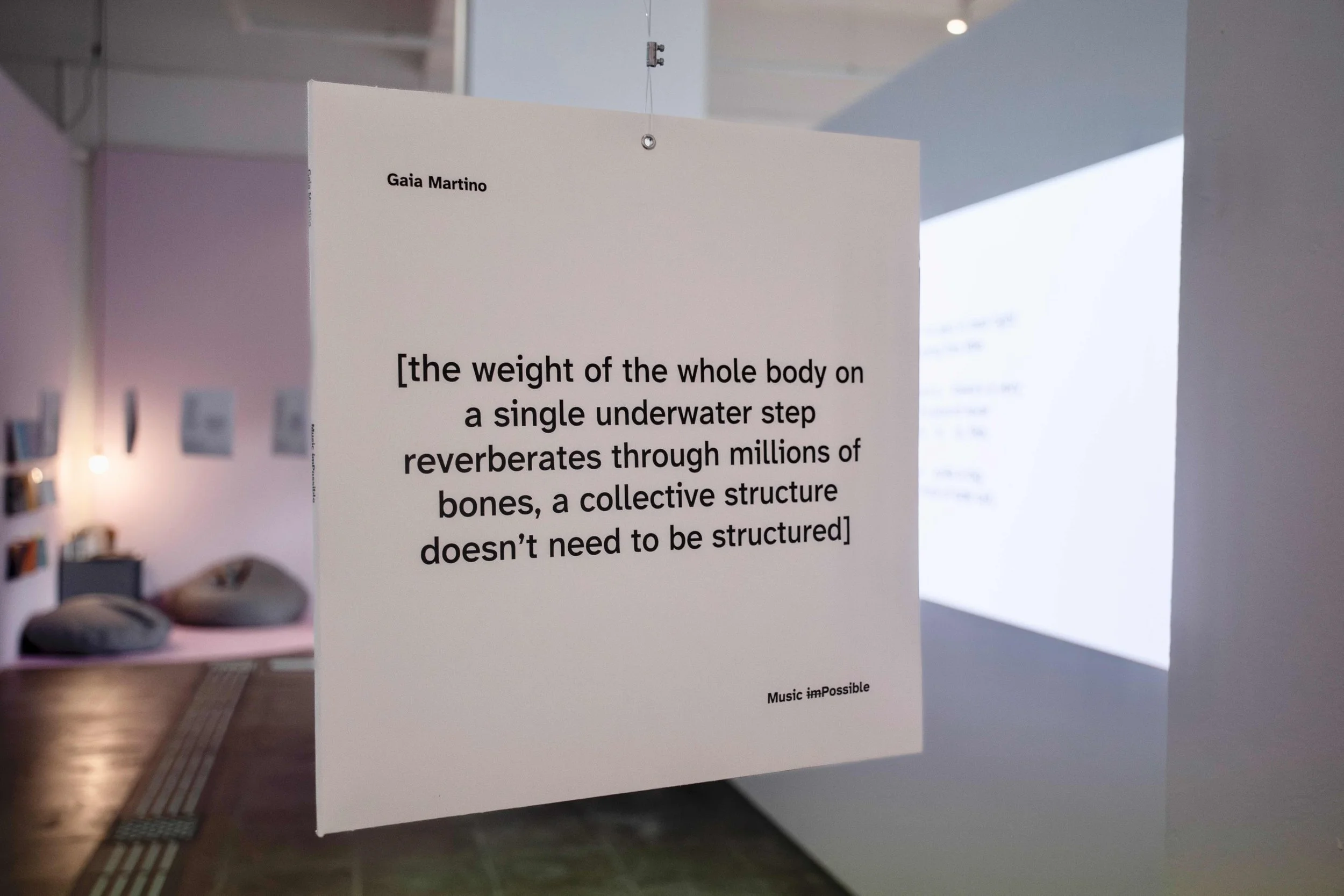 Vinyl 10: [the weight of the whole body on a single underwater step reverberates through millions of bones, a collective structure doesn’t need to be structured] by Gaia Martino. Photo: Dani Hasrouni. Event: “In Conversation” exhibition, 2025.