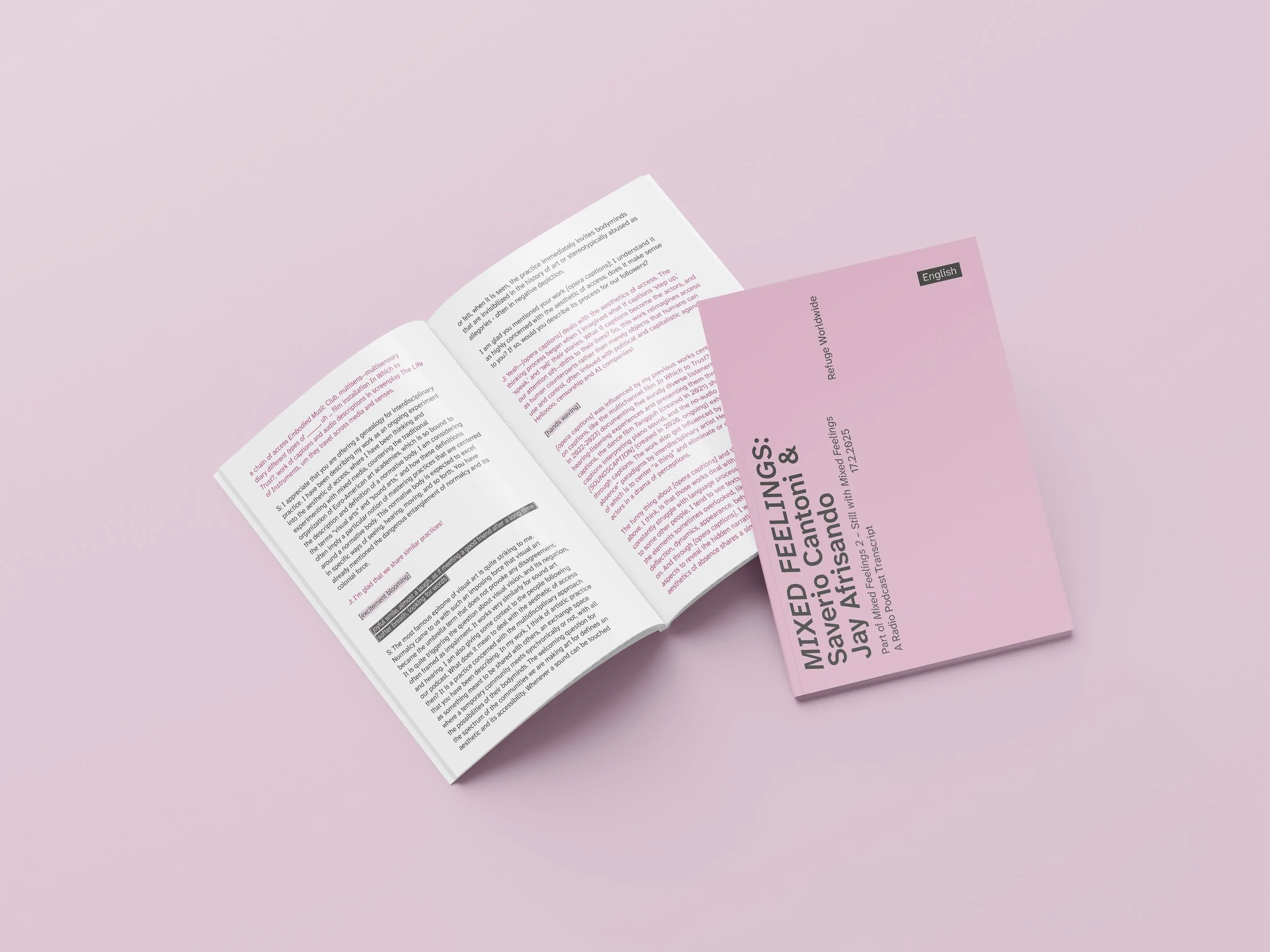 Two transcript books photographed in a studio on a pink surface. One of them shows an open page. Photo: Lai Guim.