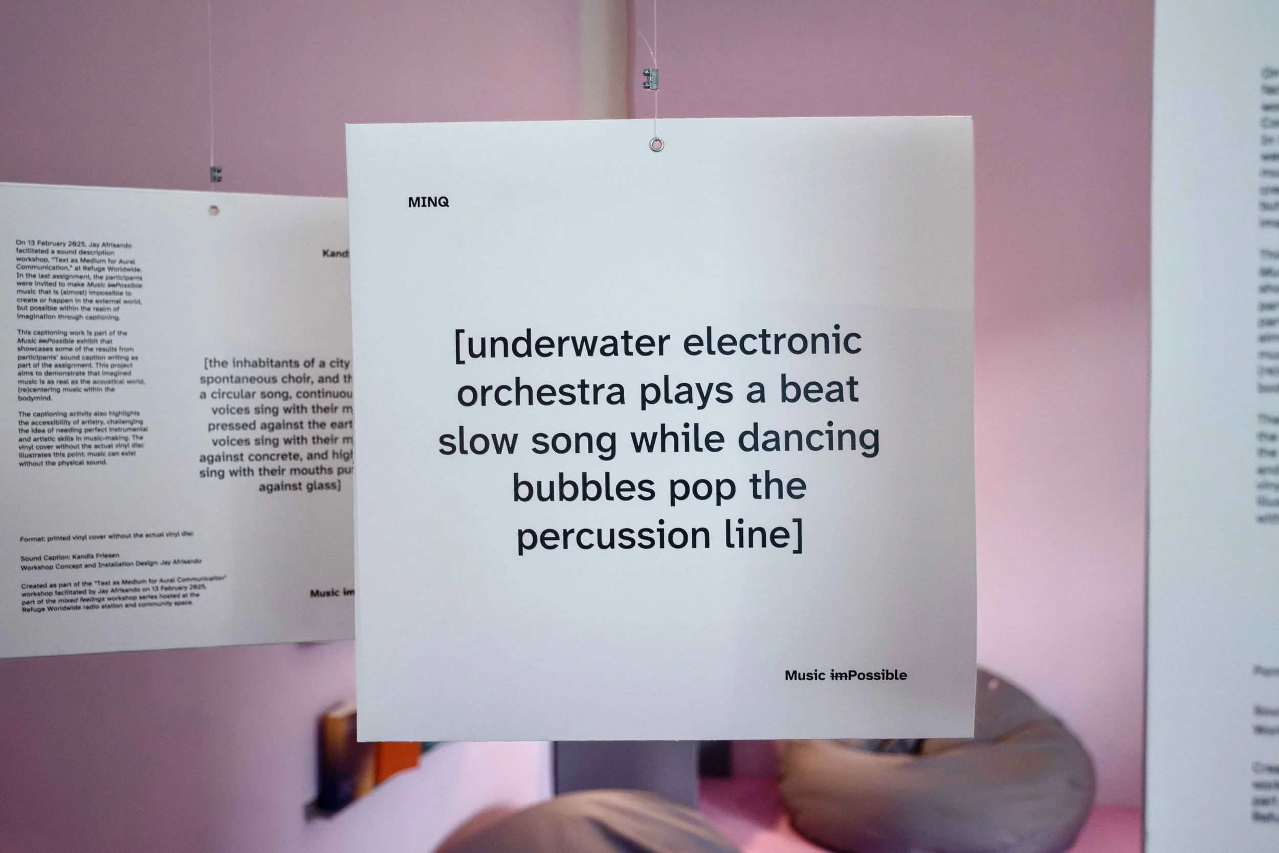Vinyl 2: [underwater electronic orchestra plays a beat slow song while dancing bubbles pop the percussion line] by MINQ. Photo: Dani Hasrouni. Event: “In Conversation” exhibition, 2025.