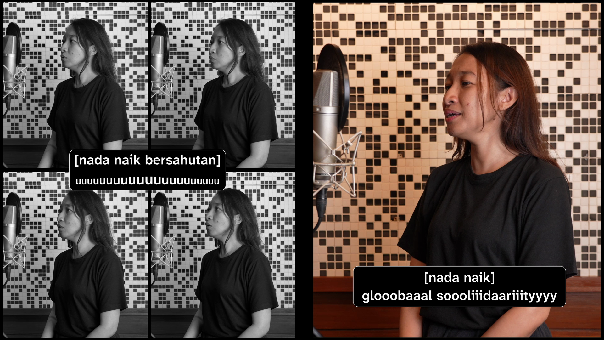 Snapshot from the film displaying a group of four tiles of Bawien on the left frame and one big tile on the right frame. Bawien is a brown woman with shoulder-length red hair wearing a black shirt. The left sound captions read, “[nada naik bersahutan